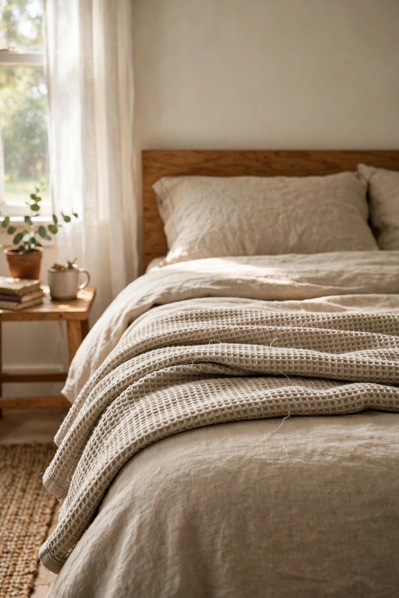 Oatmeal waffle-weave throw folded at foot of bed