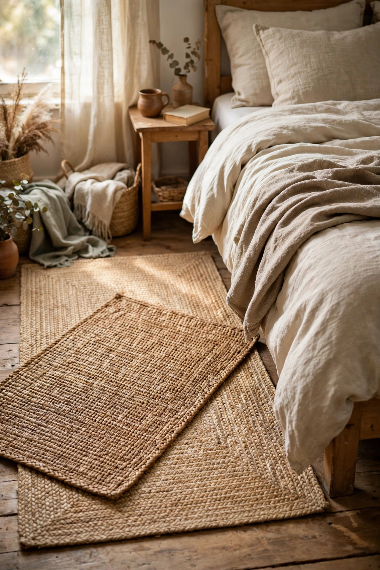 Two layered woven mats in natural tones beside bed