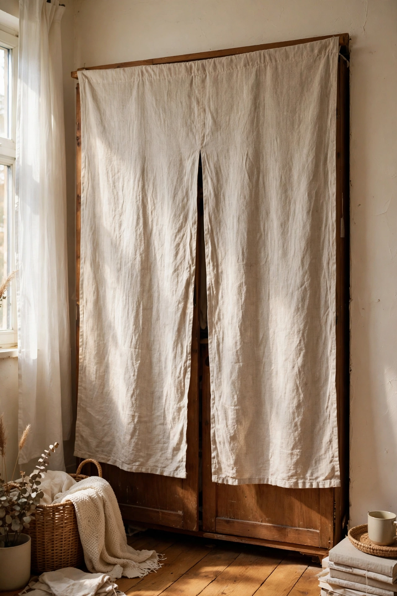 Oatmeal linen noren panel covering open wardrobe
