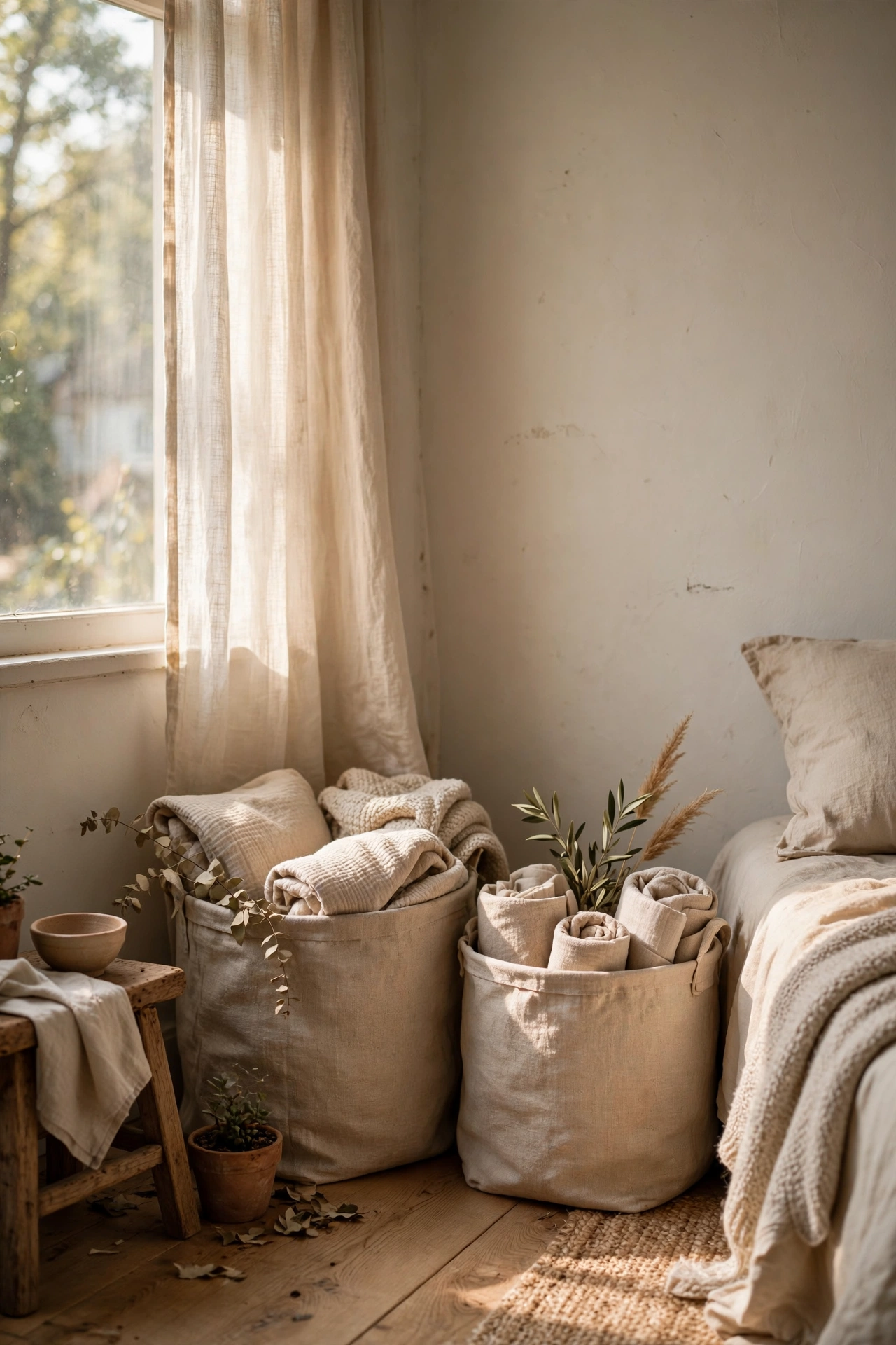 Natural linen storage baskets holding throws and clutter