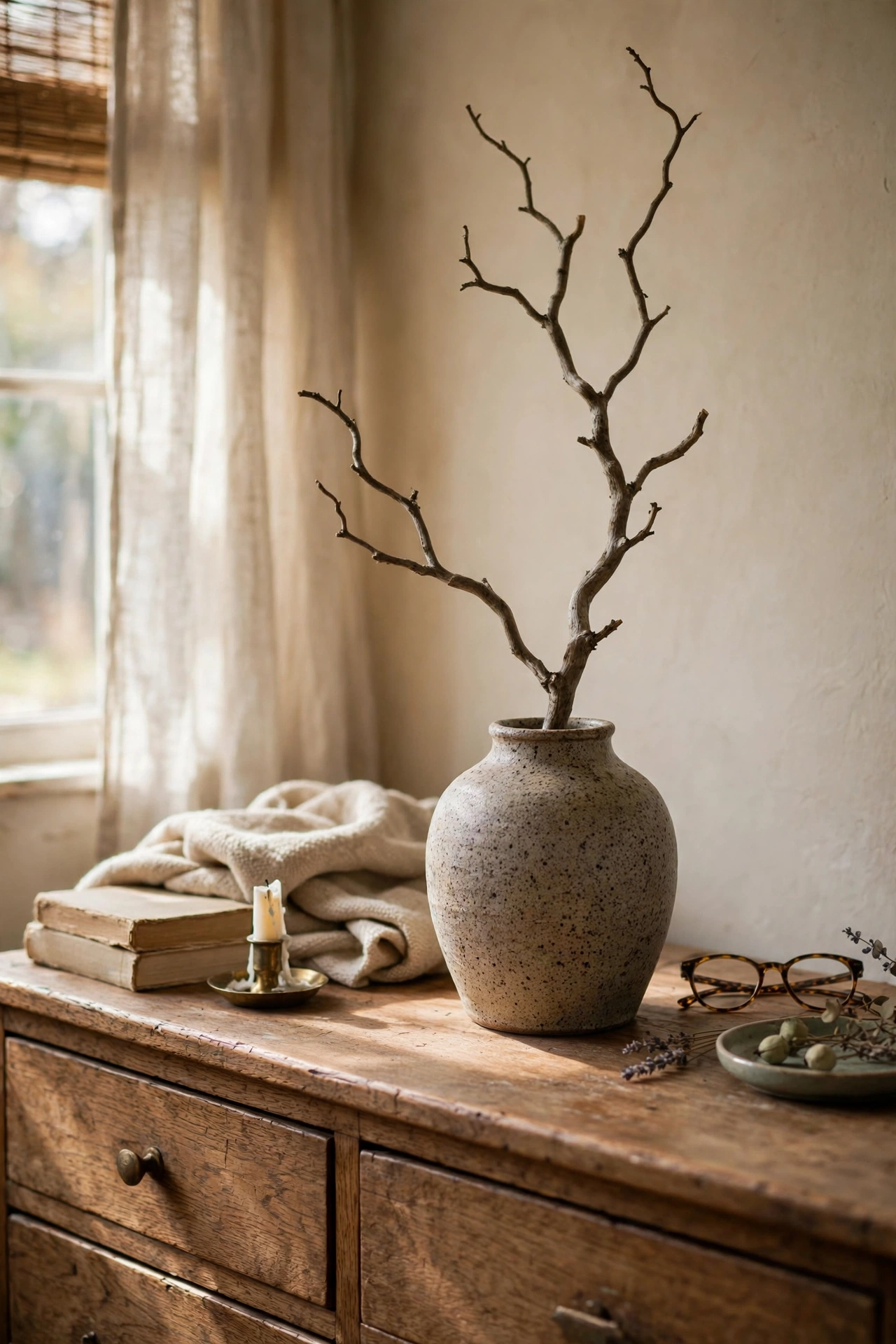 Speckled stoneware vase with single branch on dresser