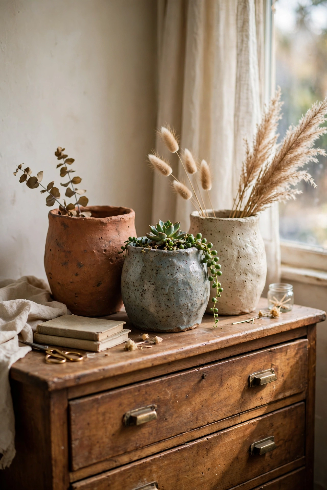 Three handmade-look ceramic pots grouped on dresser