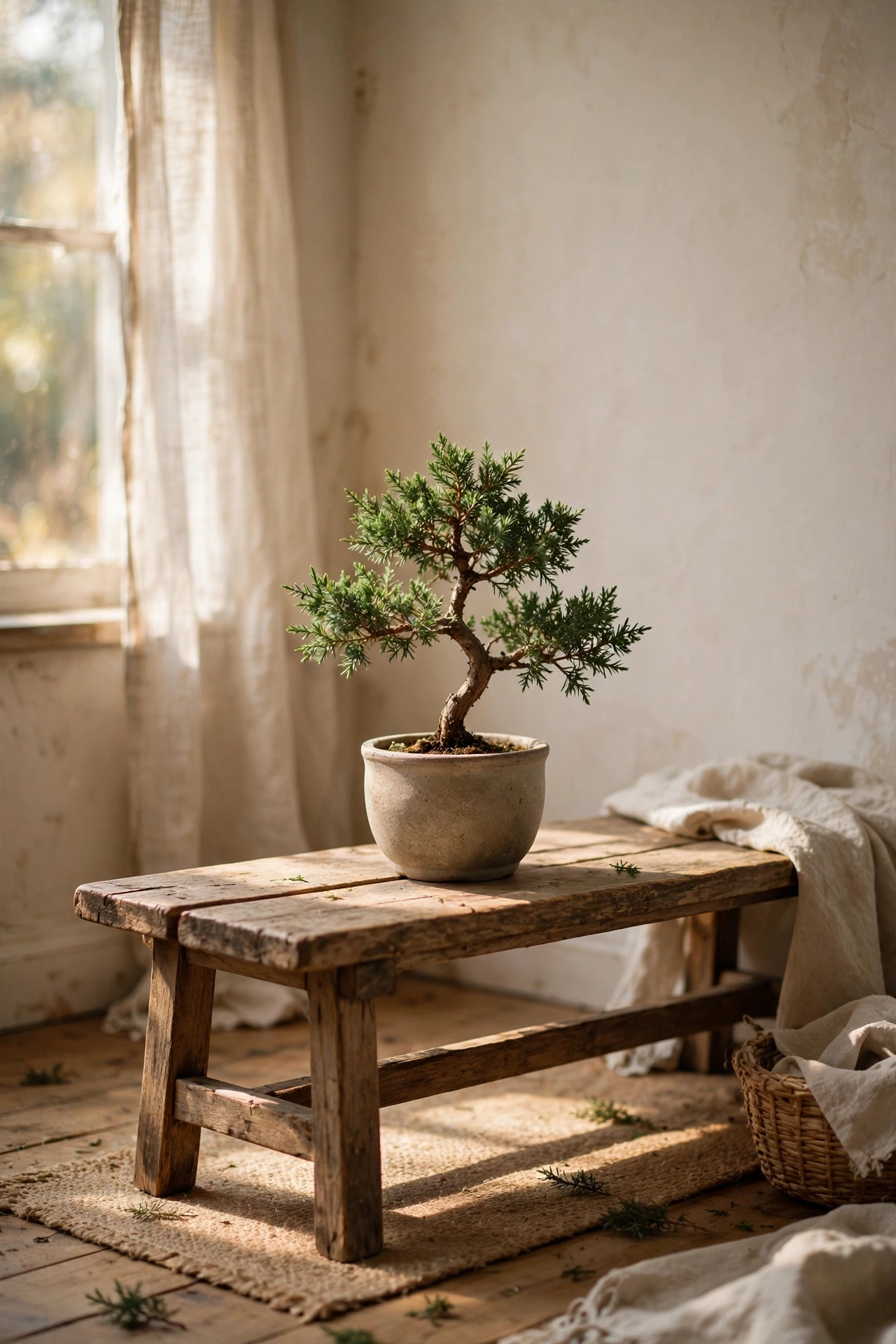 Small juniper bonsai on low bench in calm bedroom