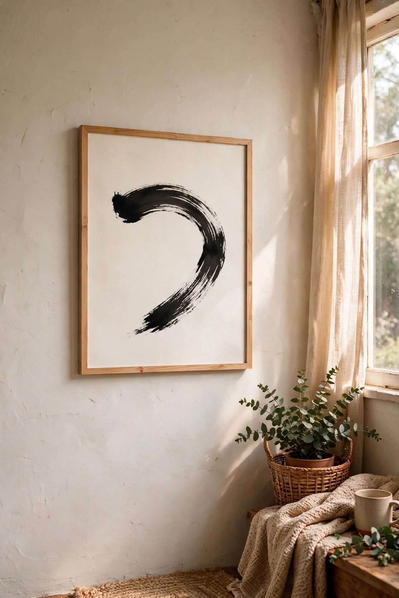 Single ink brushstroke art print in wood frame on wall