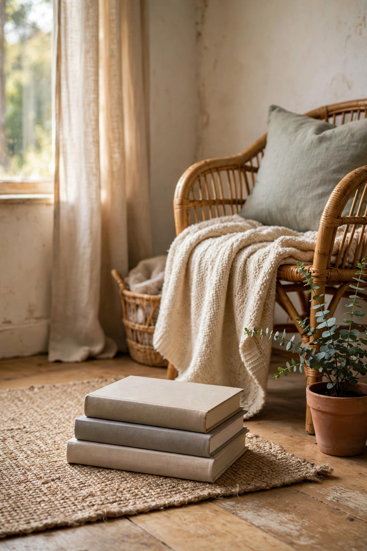 Low stack of three neutral-covered books beside reading corner