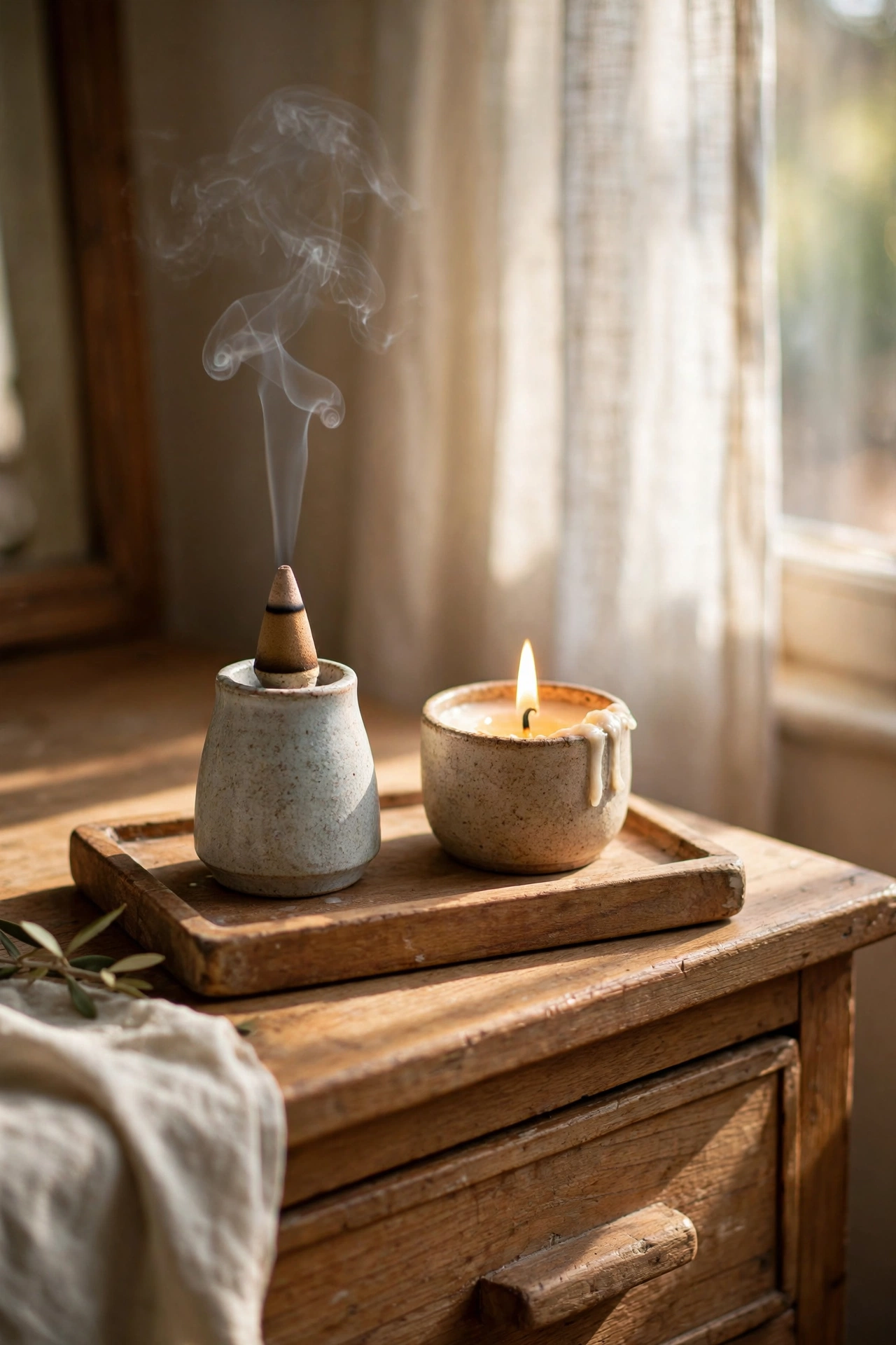 Wooden tray with incense holder and candle on dresser