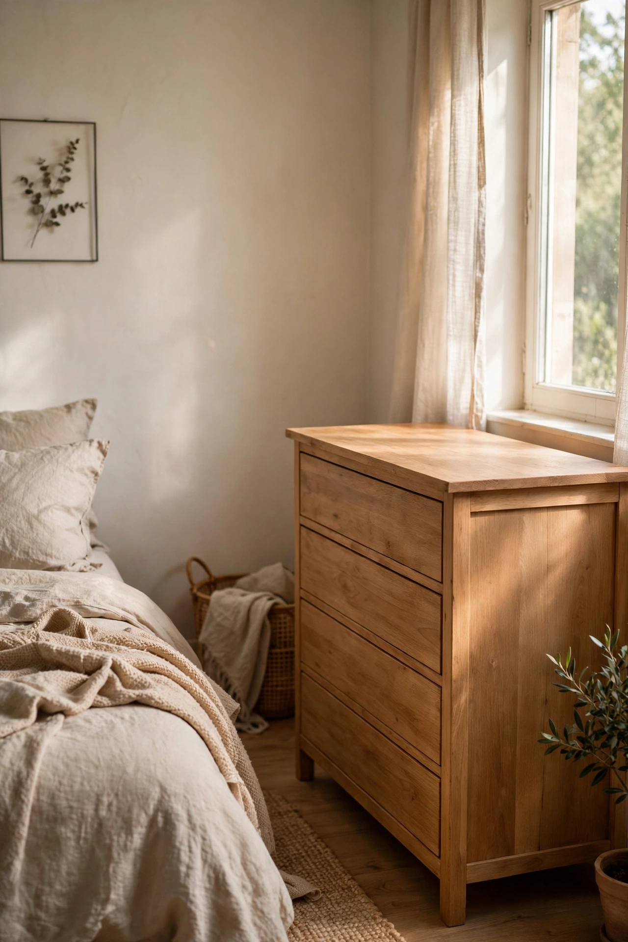 Completely empty wooden dresser top in serene bedroom
