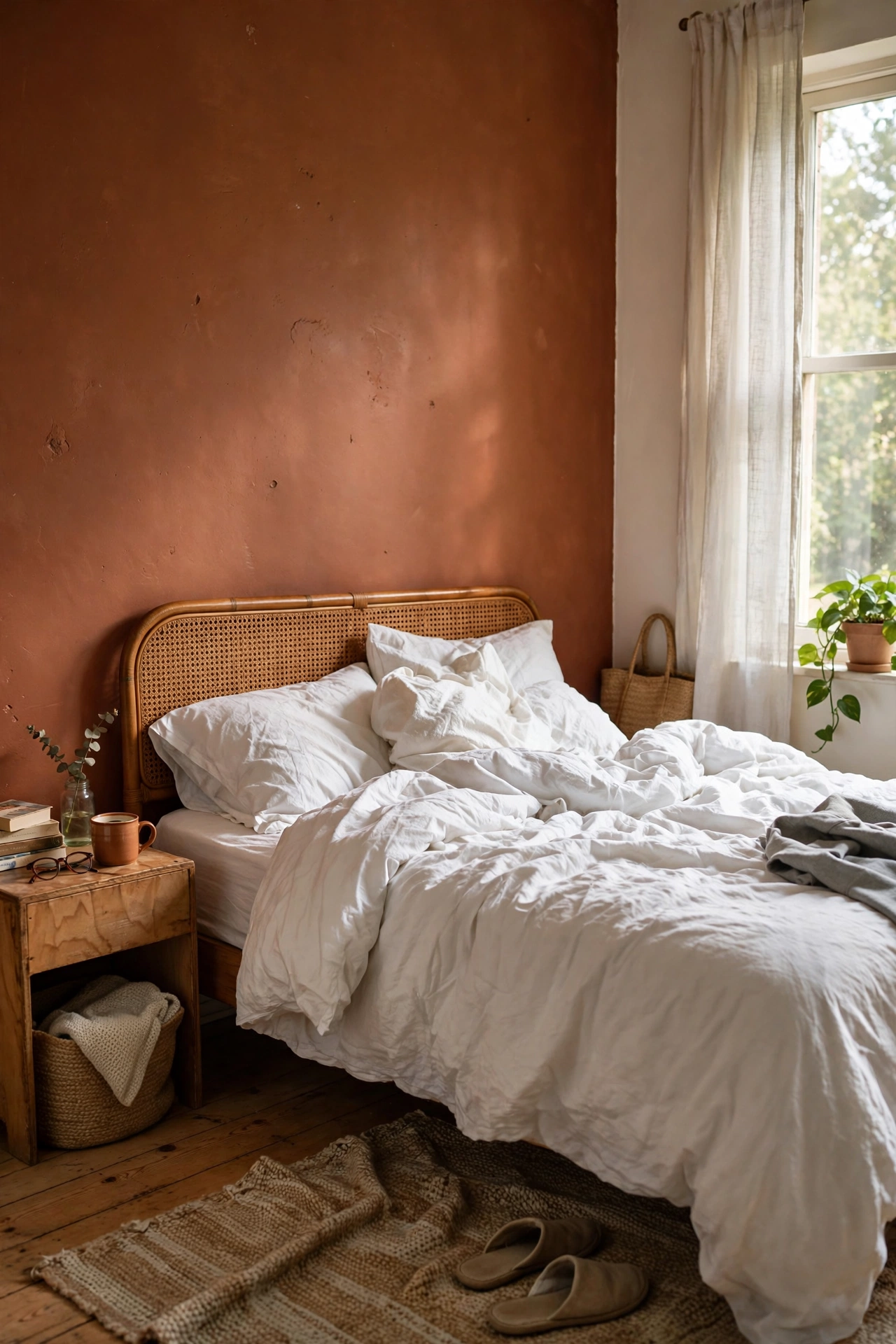 Terracotta accent wall behind a styled bed with white bedding