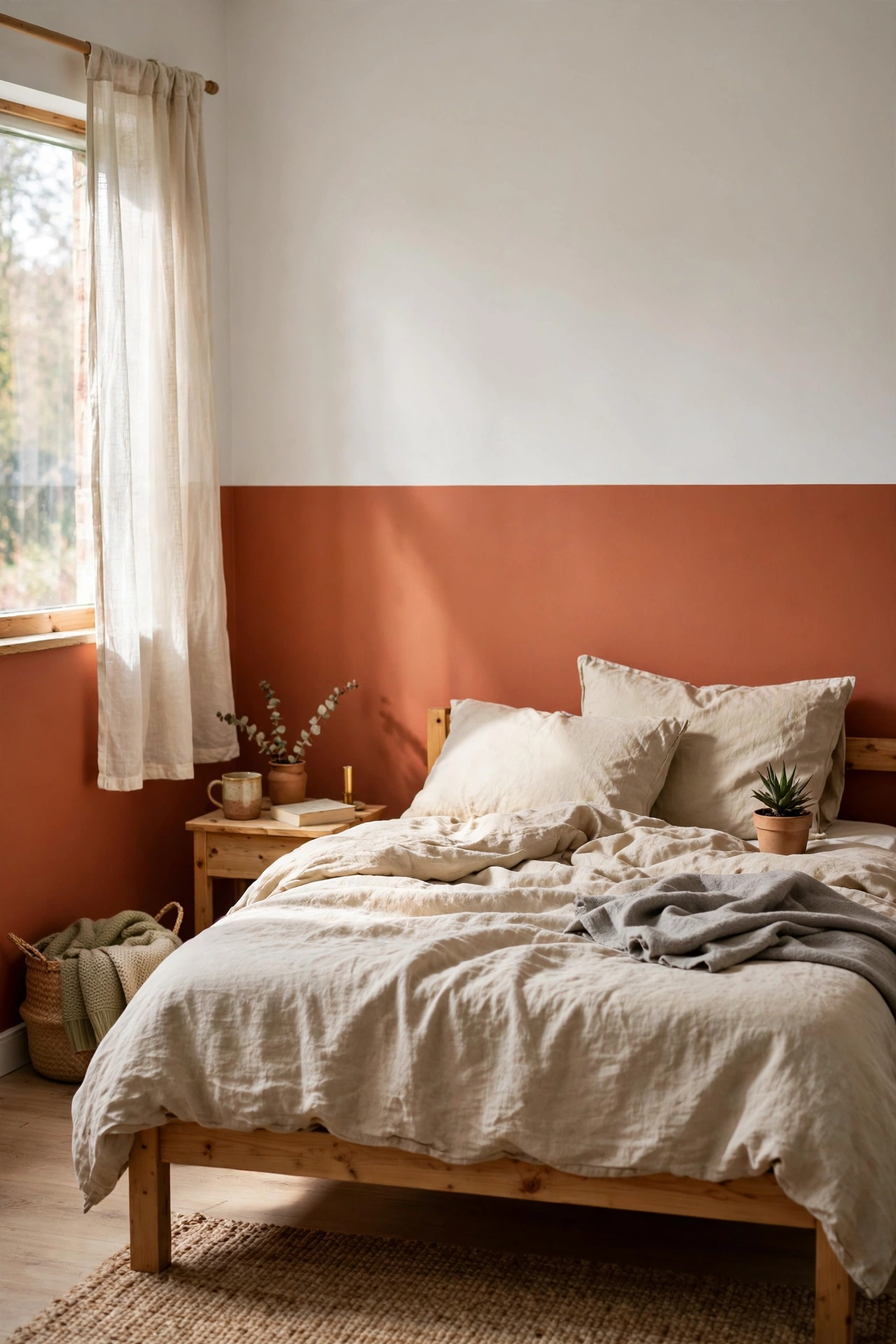 Half-wall terracotta colour block with crisp taped line behind bed