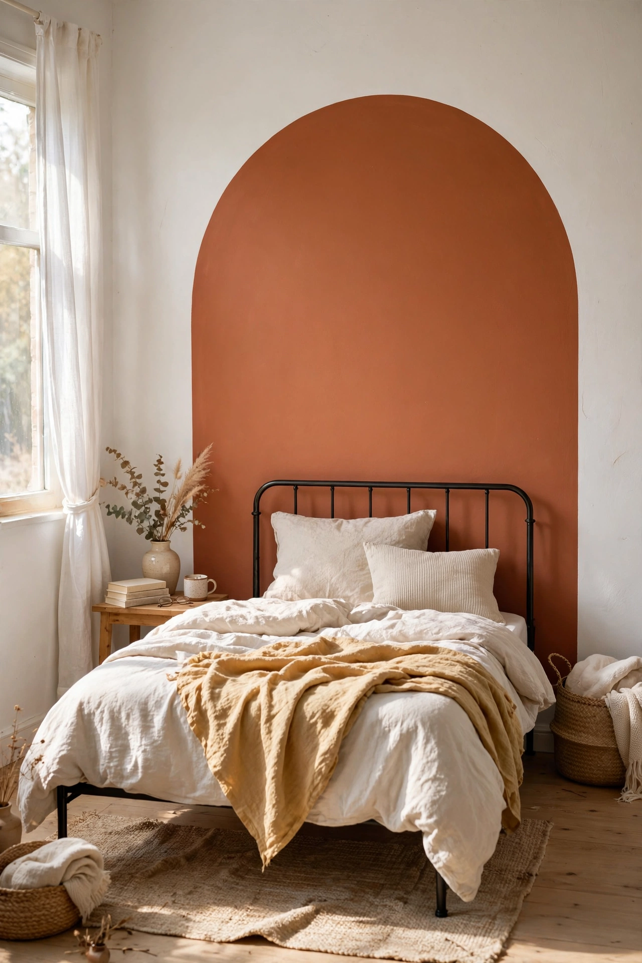 Hand-painted terracotta arch shape on bedroom wall behind bed