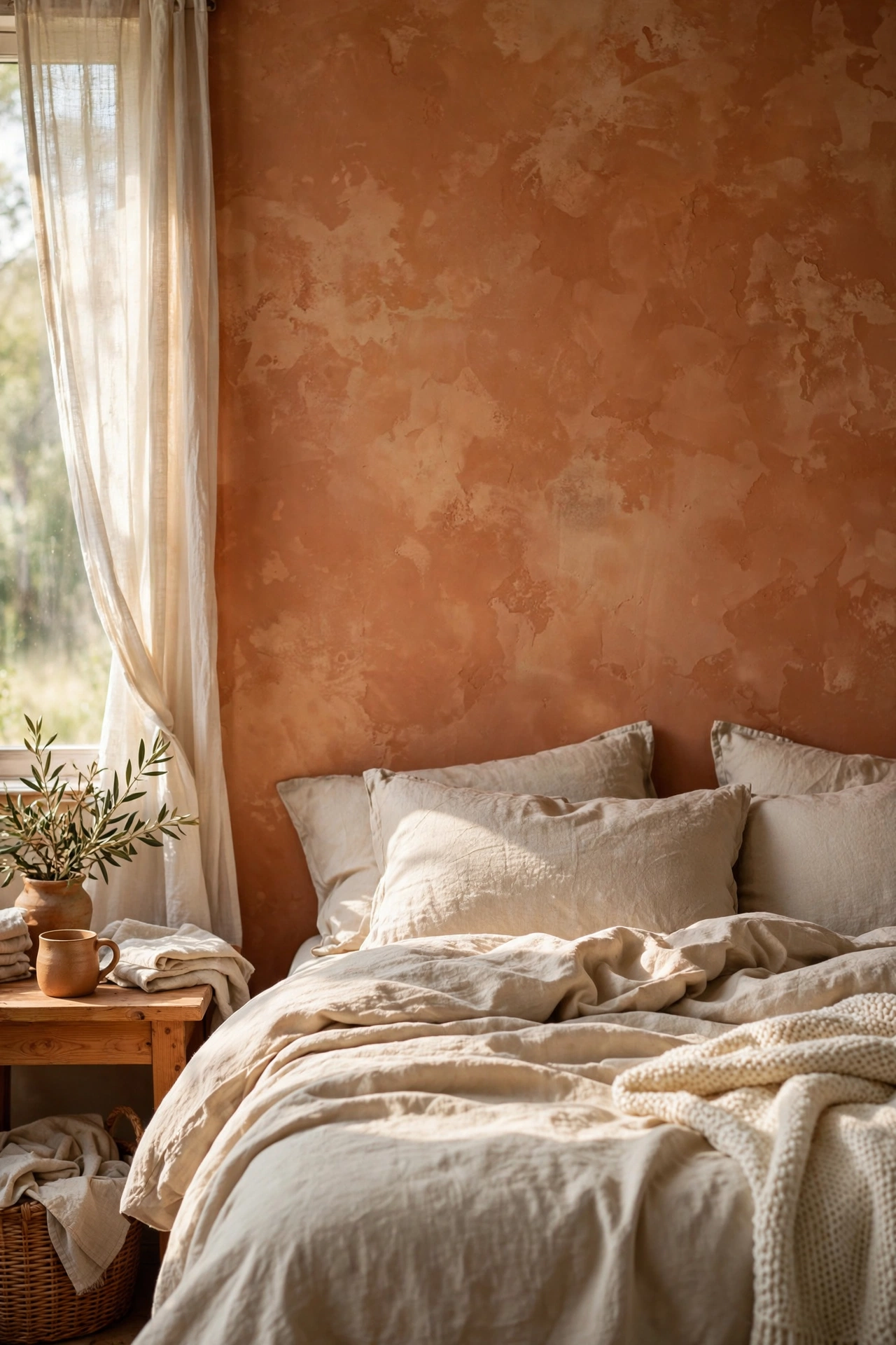 Limewash-effect terracotta wall with cloudy plaster texture