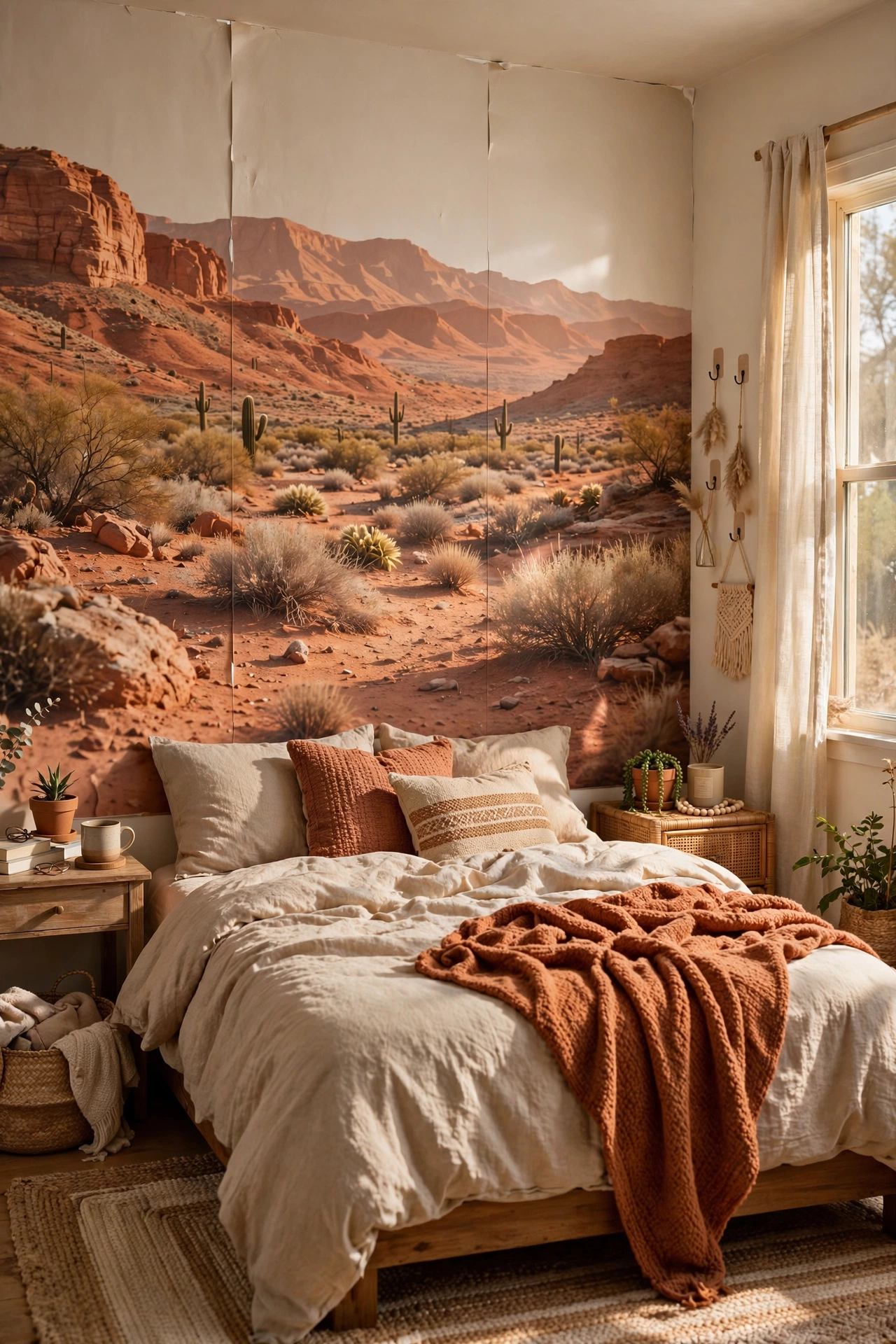 Peel-and-stick terracotta desert mural panel behind bed