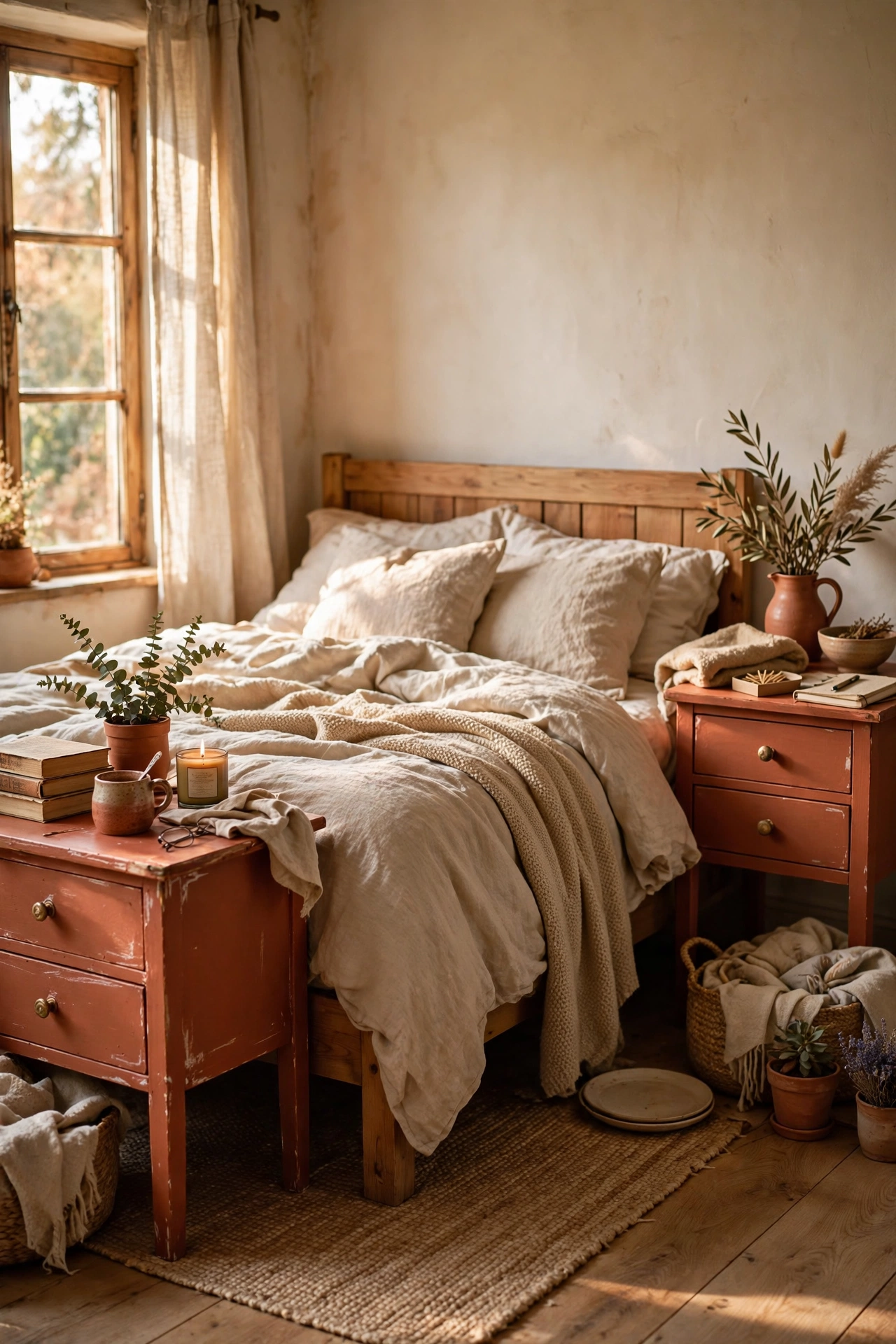 Two mismatched bedside tables painted matching terracotta
