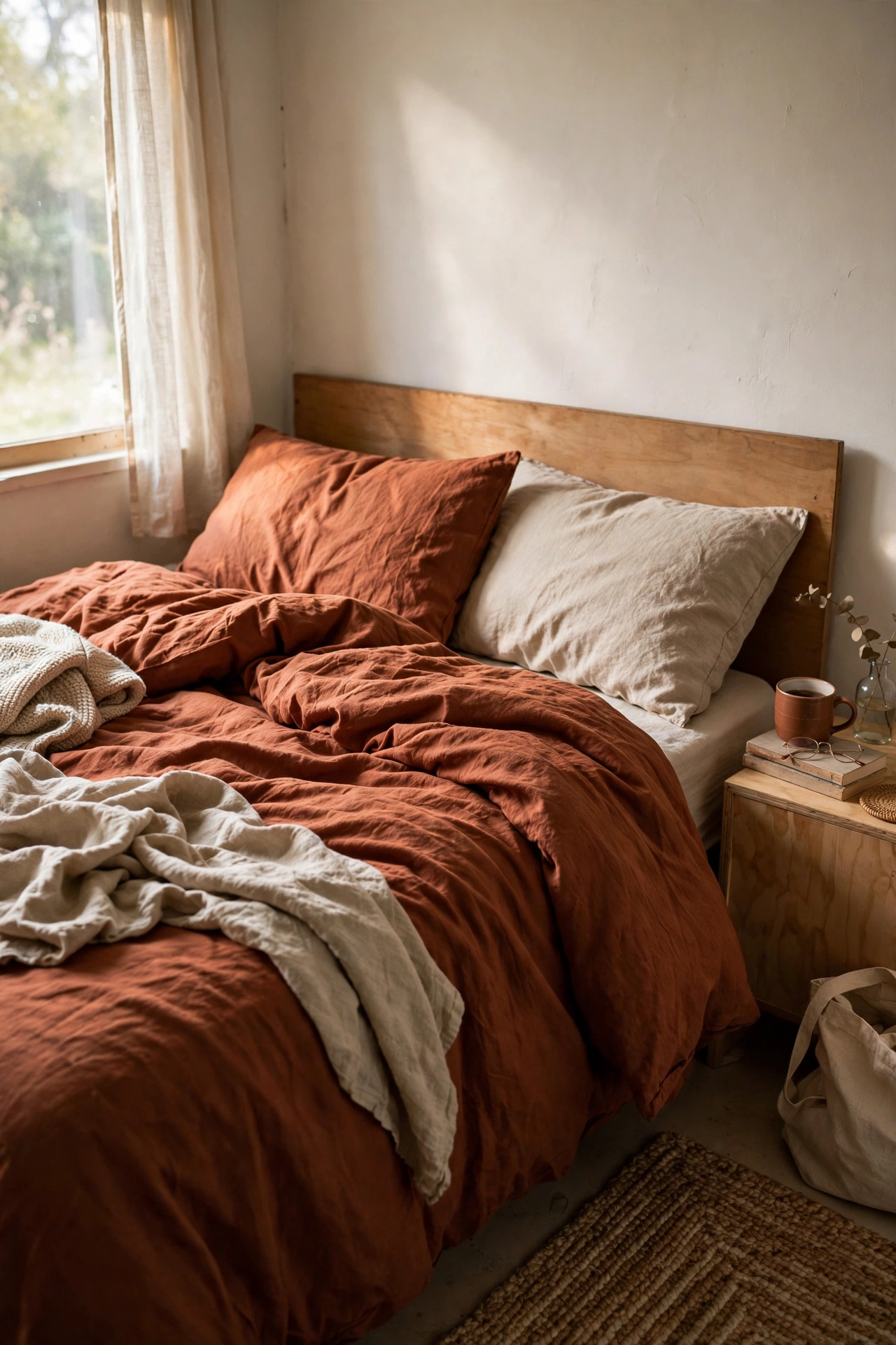 Bed dressed in rust-toned washed cotton duvet cover set
