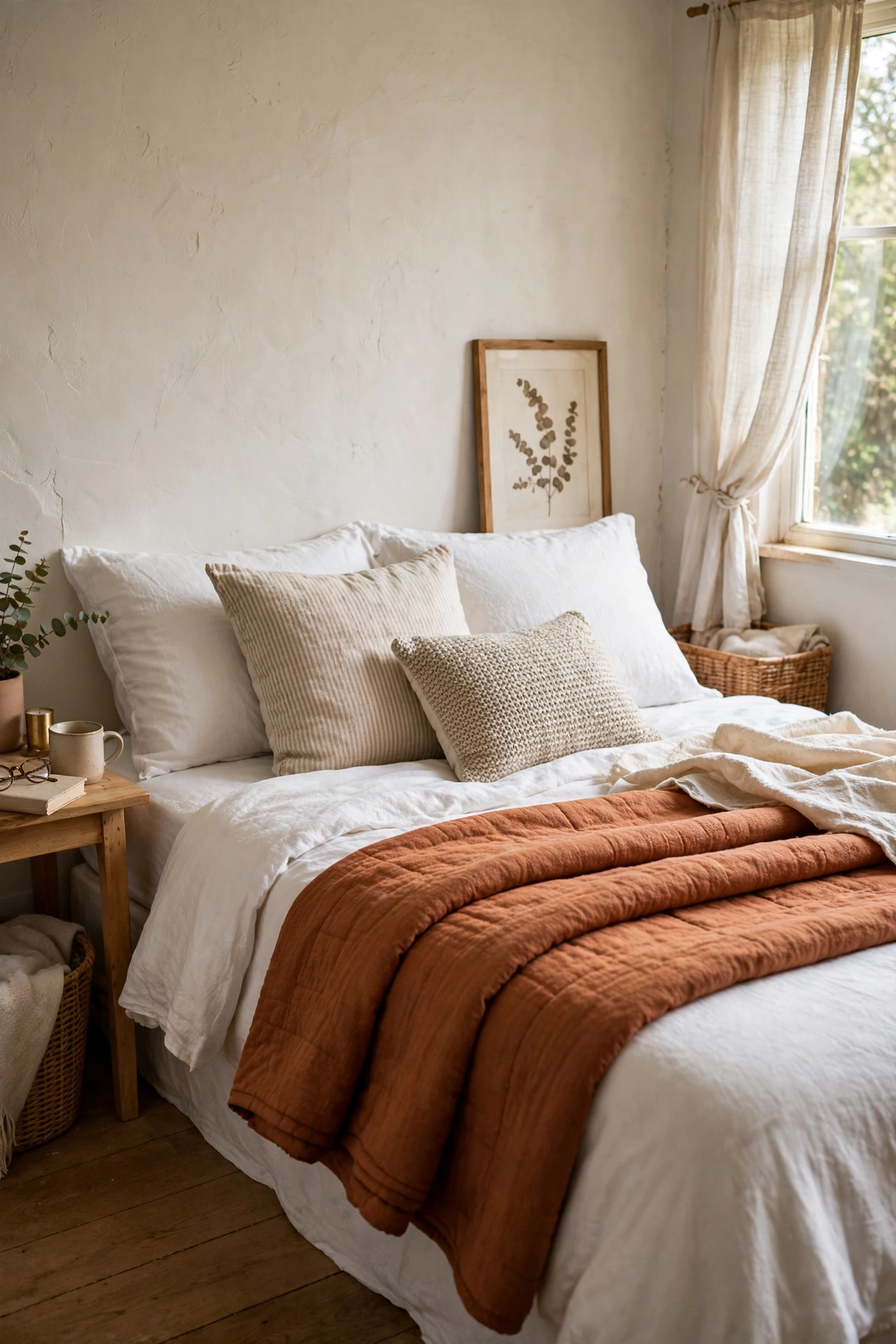 Terracotta quilt folded across foot of white bed