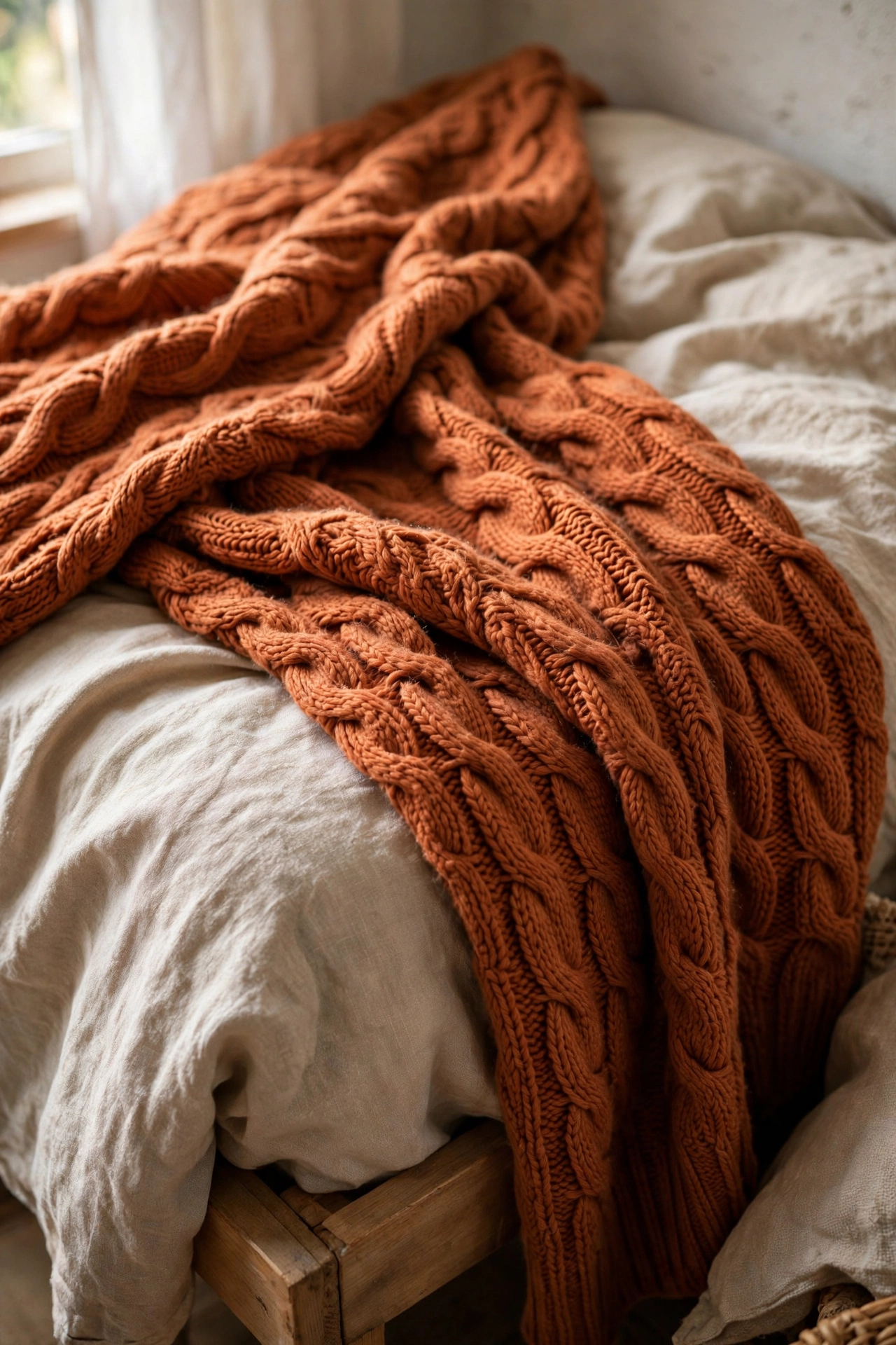 Chunky clay-coloured knit throw draped diagonally on bed