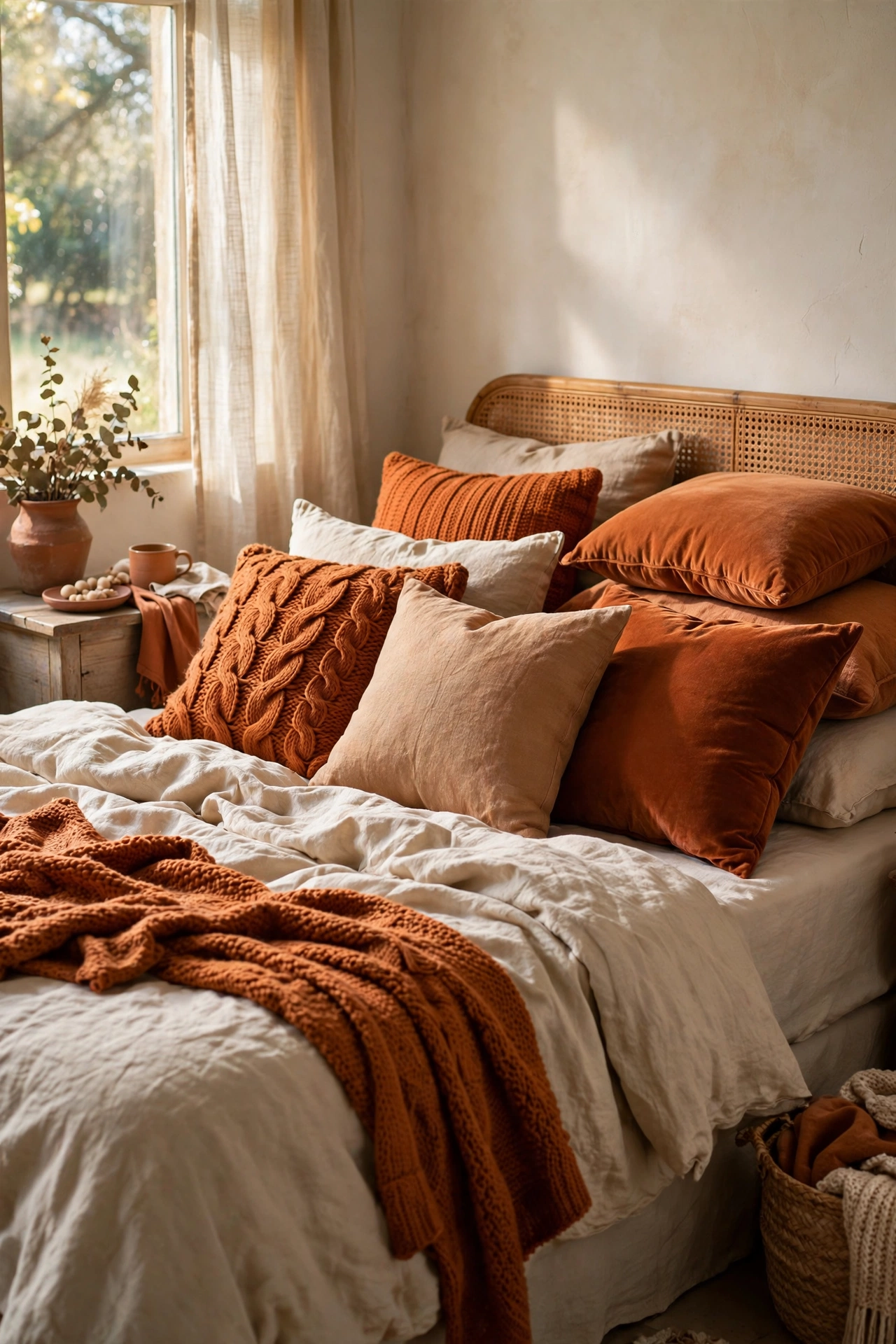 Mix of burnt-orange cushions in linen, velvet and knit textures