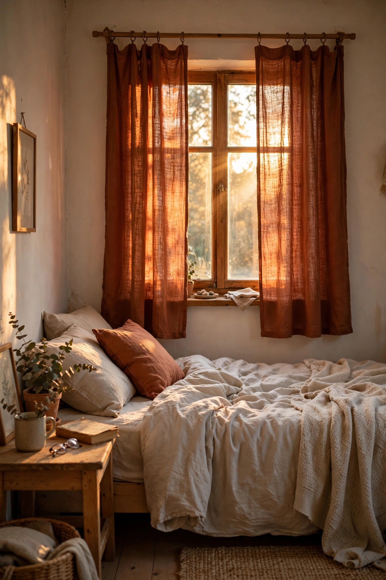 Terracotta linen-look curtain panels glowing in evening light