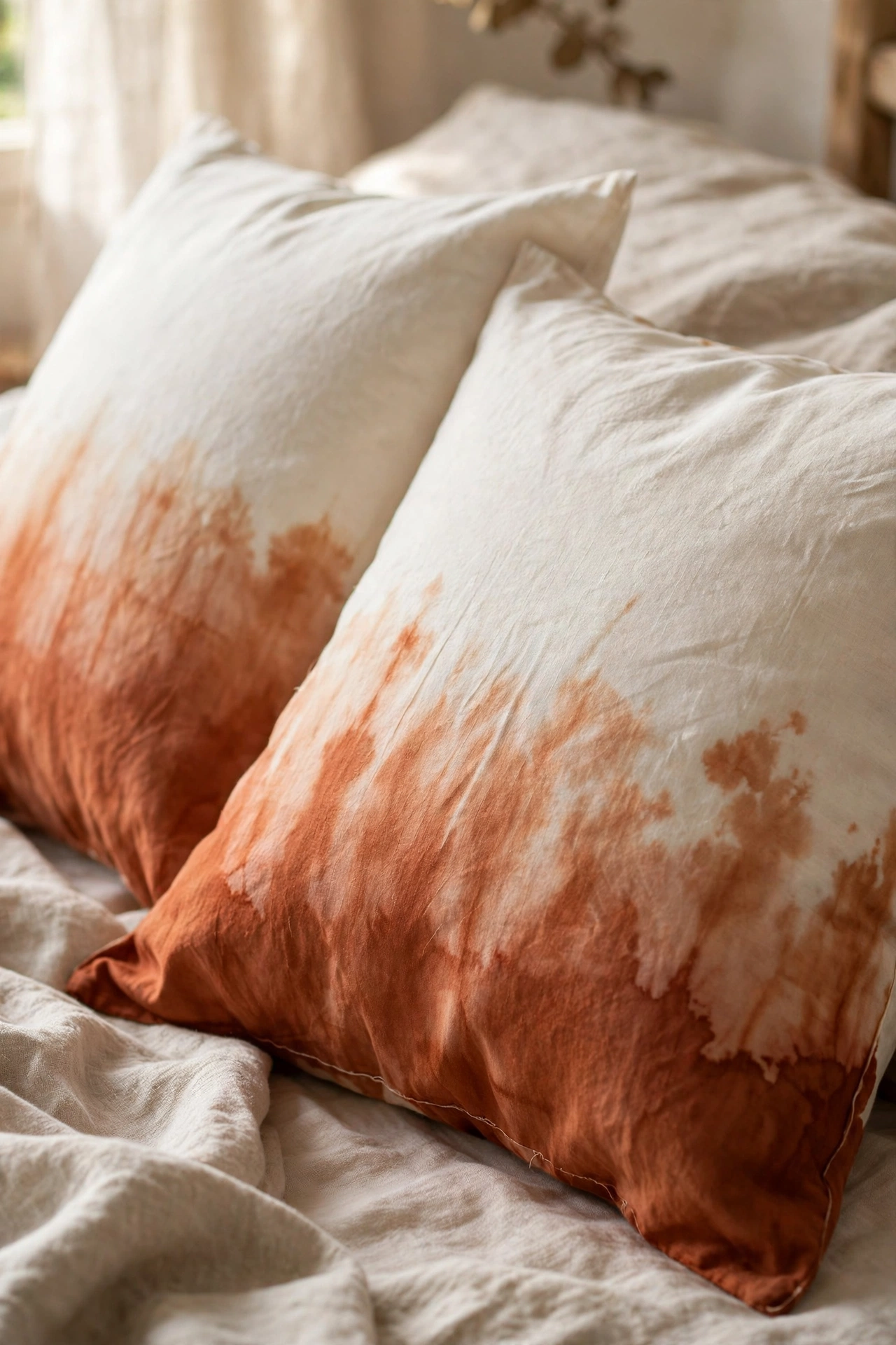 Dip-dyed ombre terracotta pillowcases, white fading to rust