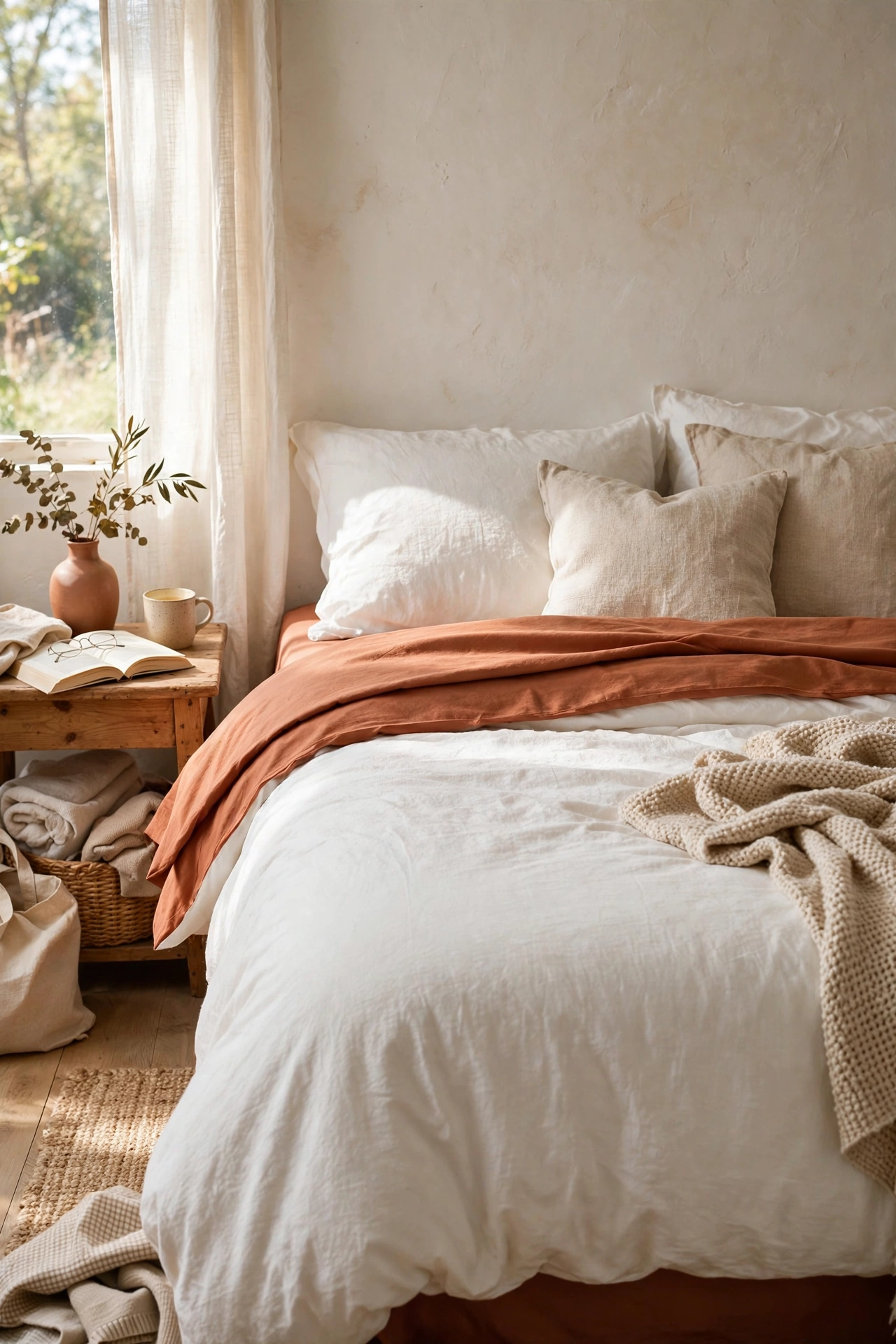Terracotta flat sheet folded back over white duvet
