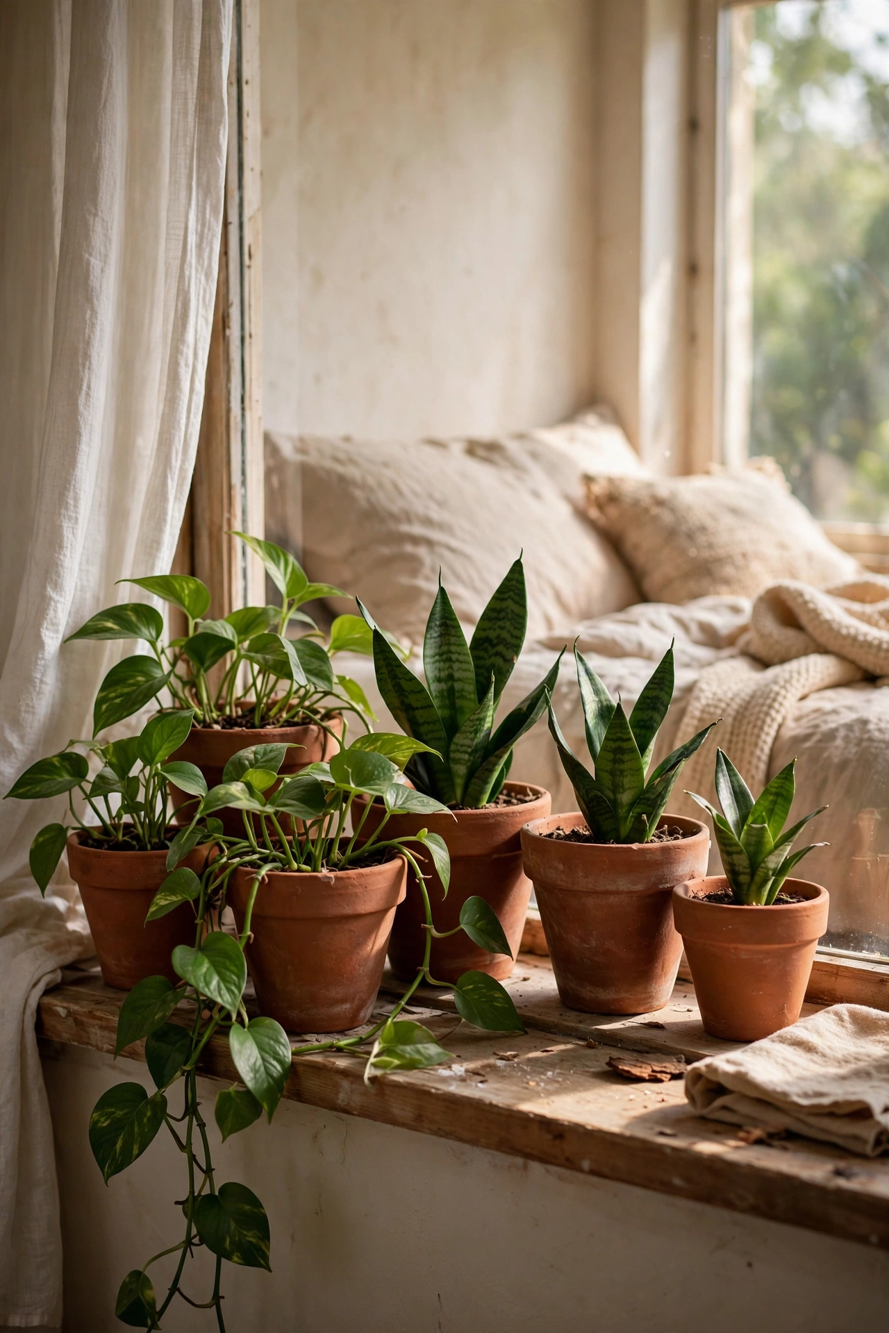 Cluster of terracotta clay pots with green plants on windowsill