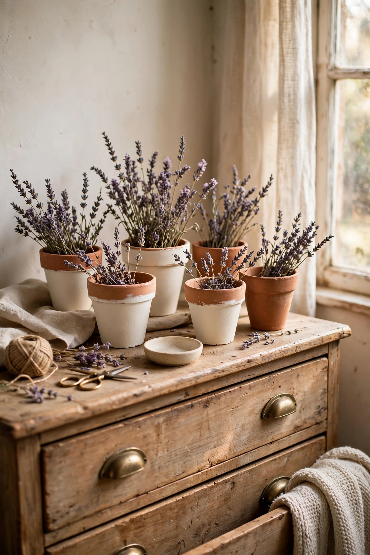 Hand-painted terracotta pots, half cream with clay rims