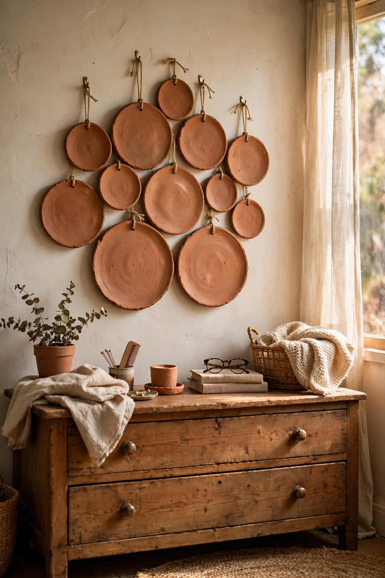 DIY air-dry clay wall discs in terracotta hung above dresser