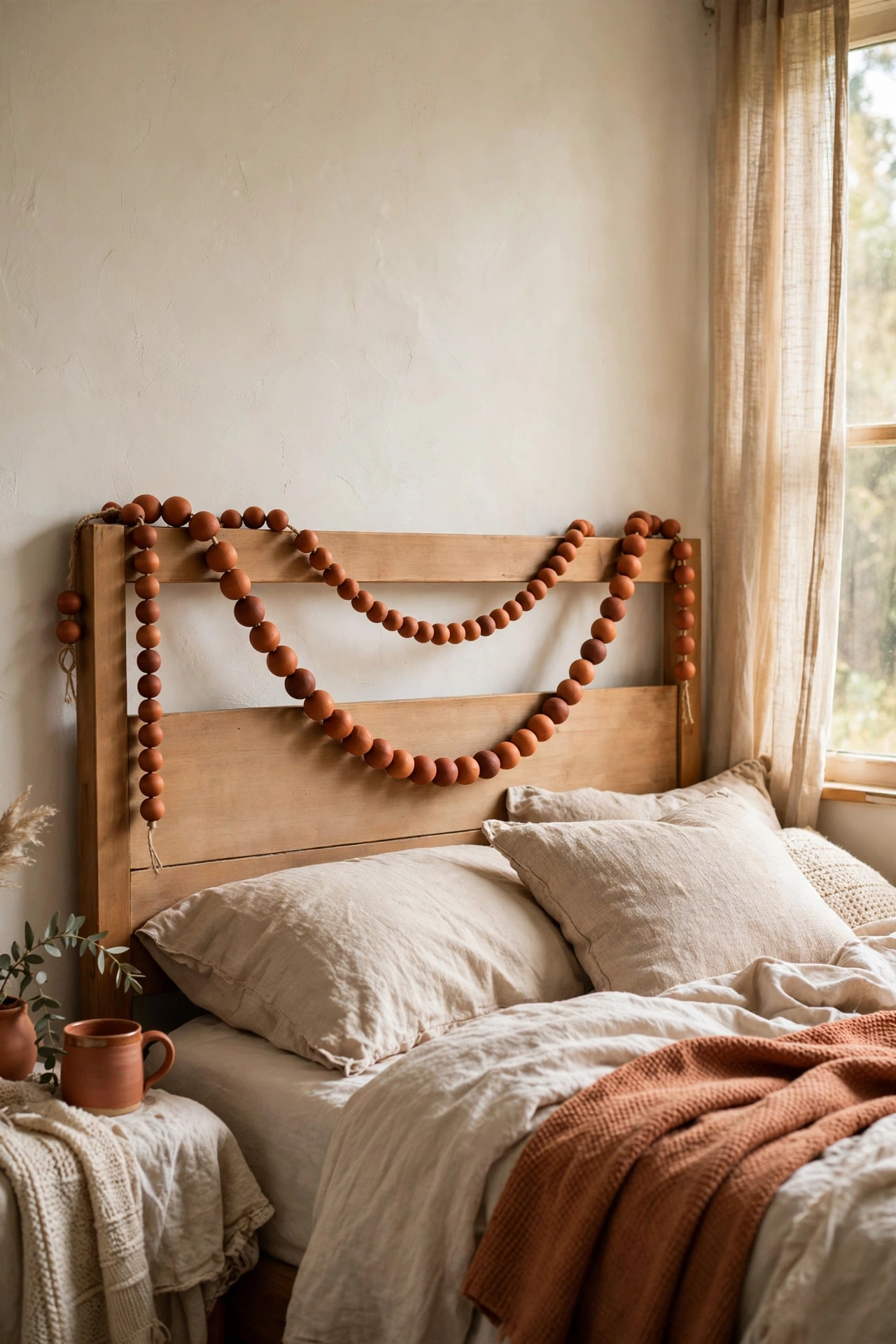 Terracotta-stained wooden bead garland draped on headboard