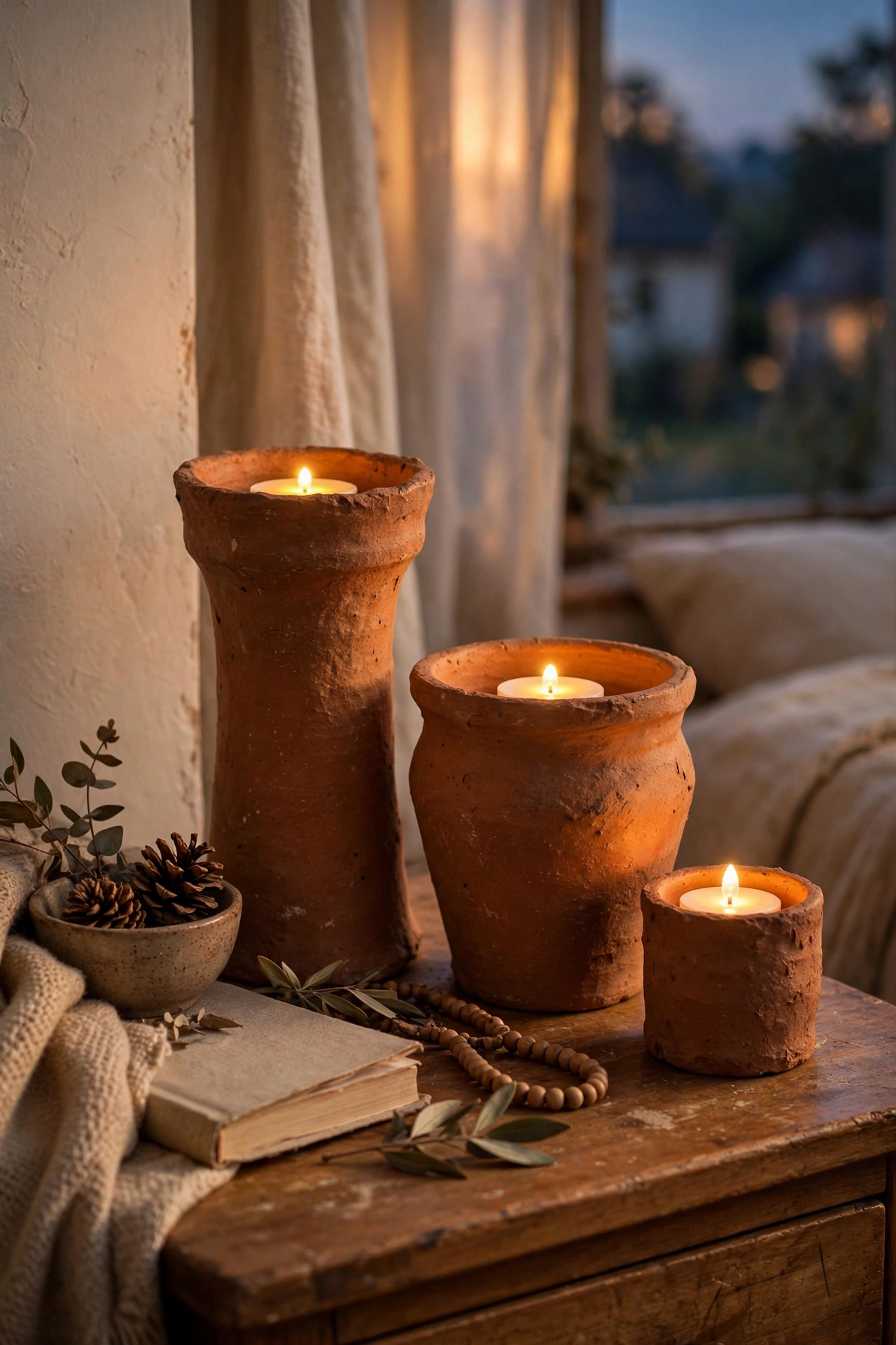 Trio of clay candle holders glowing on bedside table