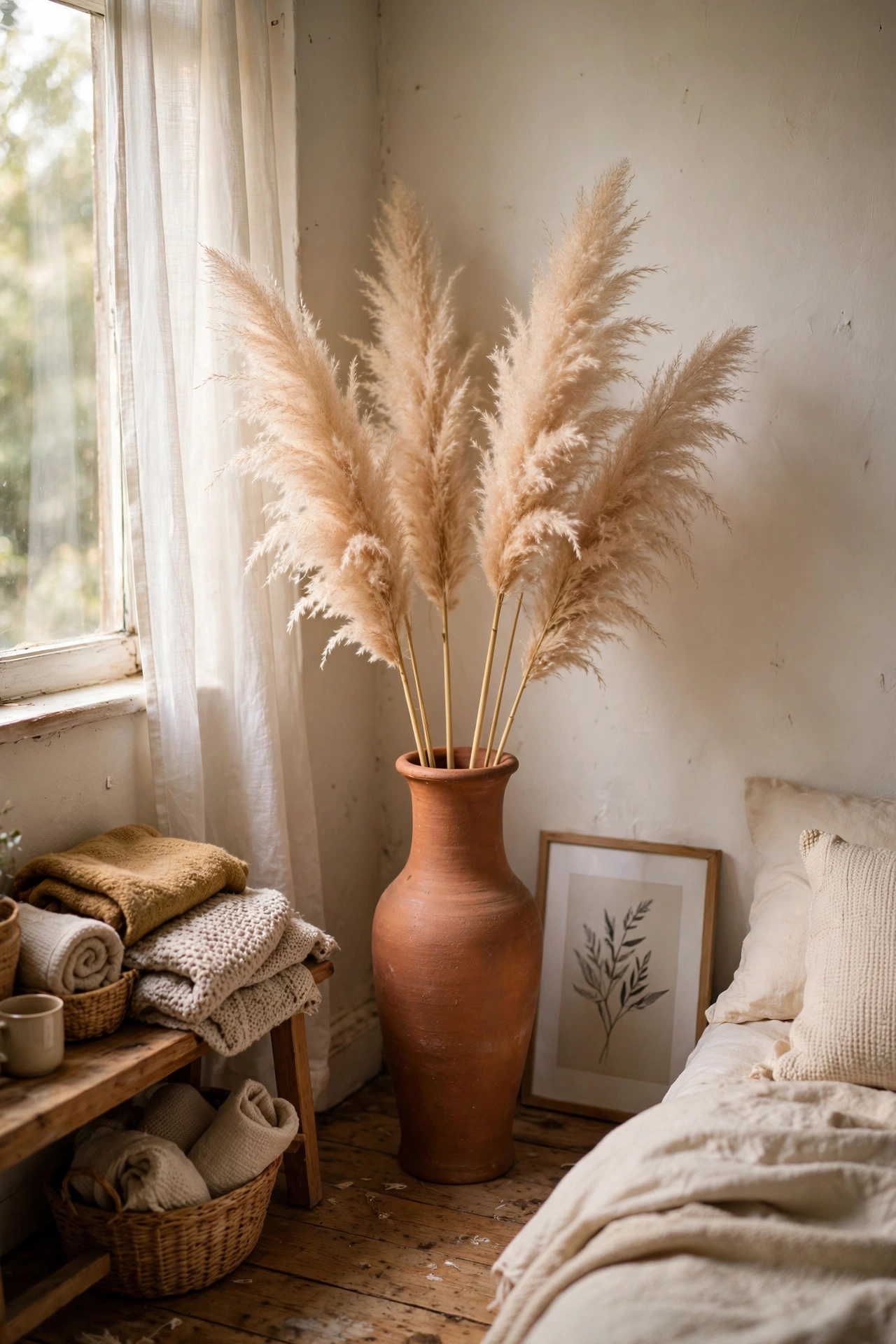 Dried pampas grass in tall terracotta floor vase