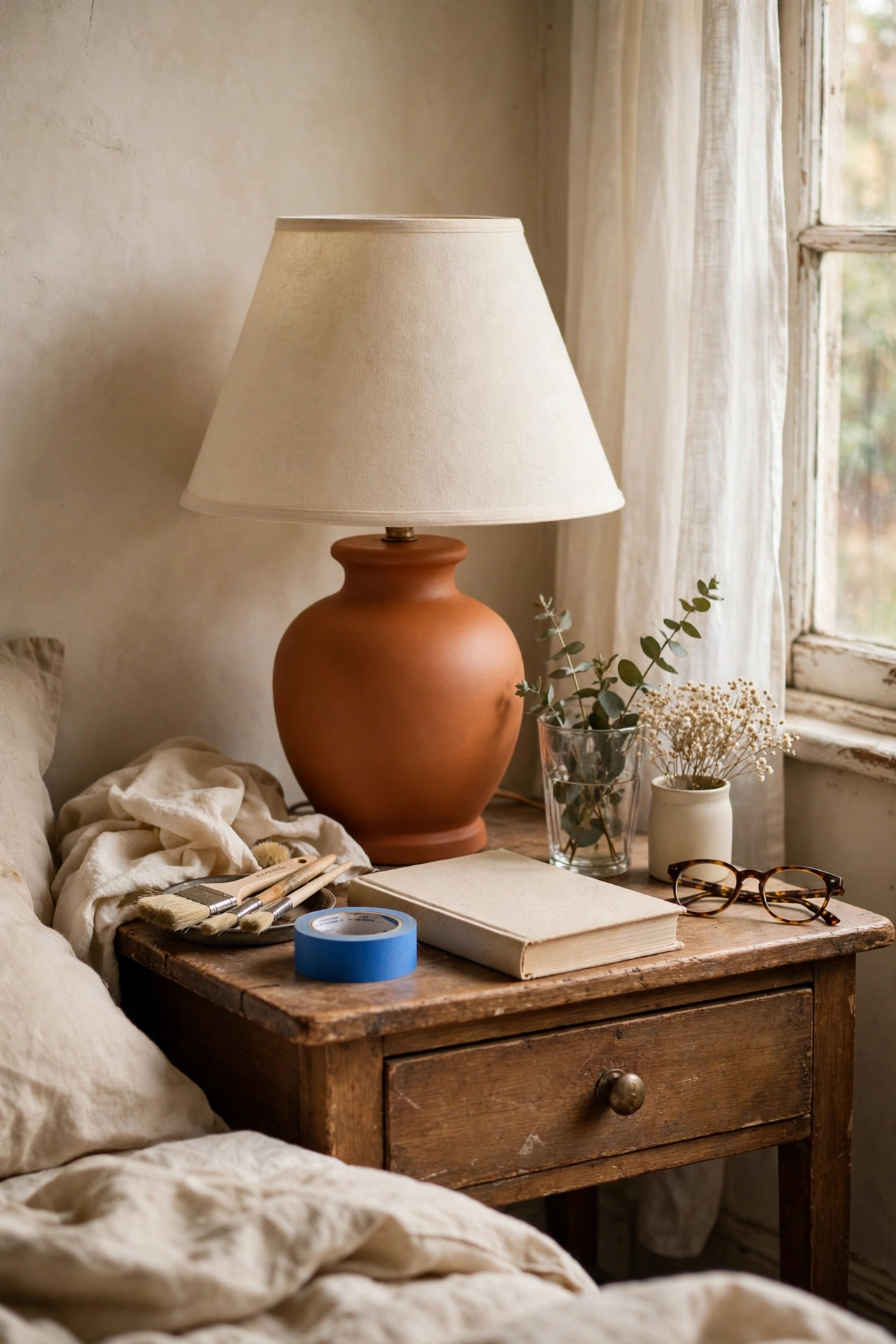 Ceramic lamp base spray-painted matte terracotta with cream shade