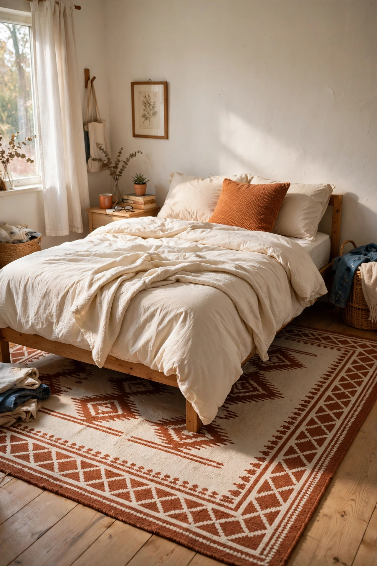 Rust-toned flatweave area rug beside bed with border showing