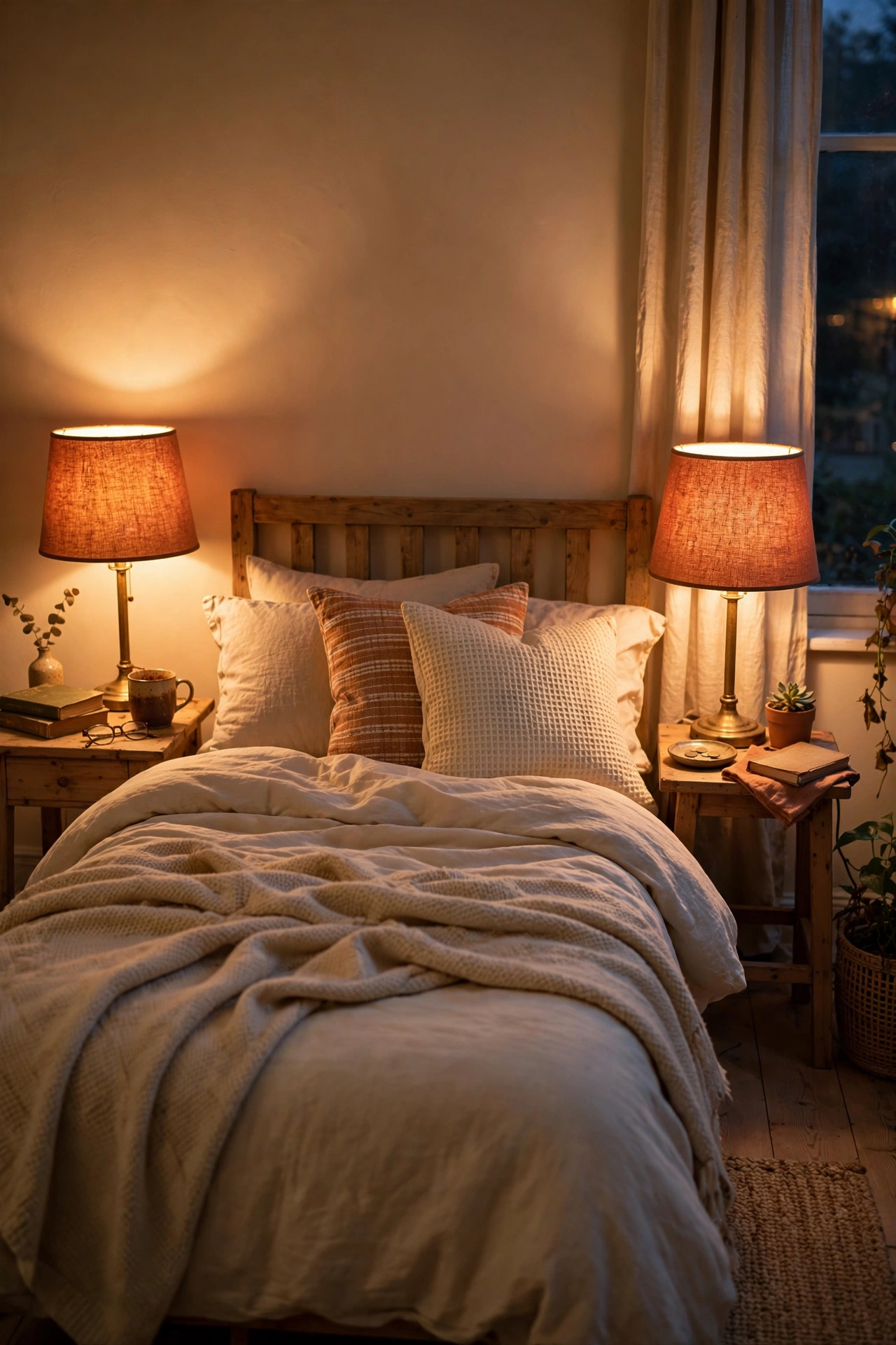 Bedside lamps with terracotta fabric drum shades glowing warm