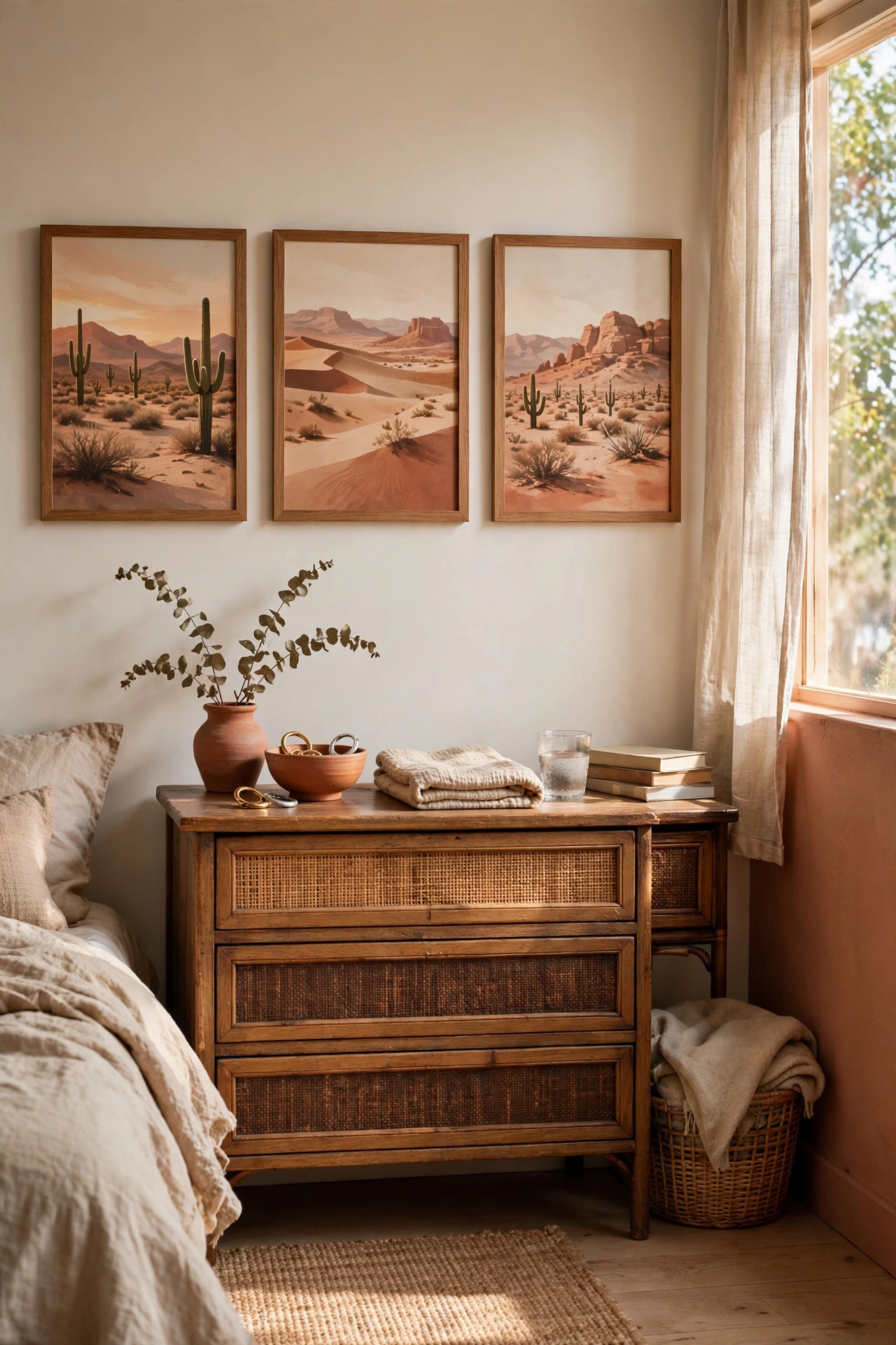 Trio of framed desert landscape prints above dresser