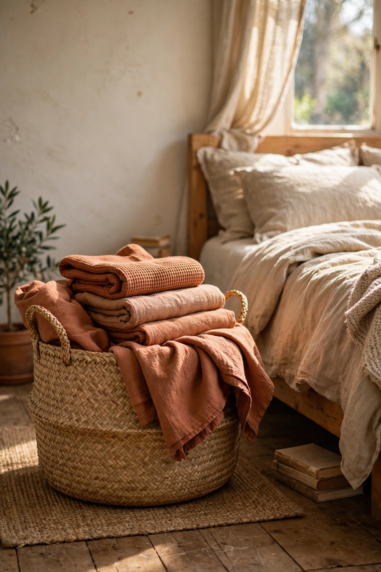 Woven seagrass basket holding folded throws beside bed