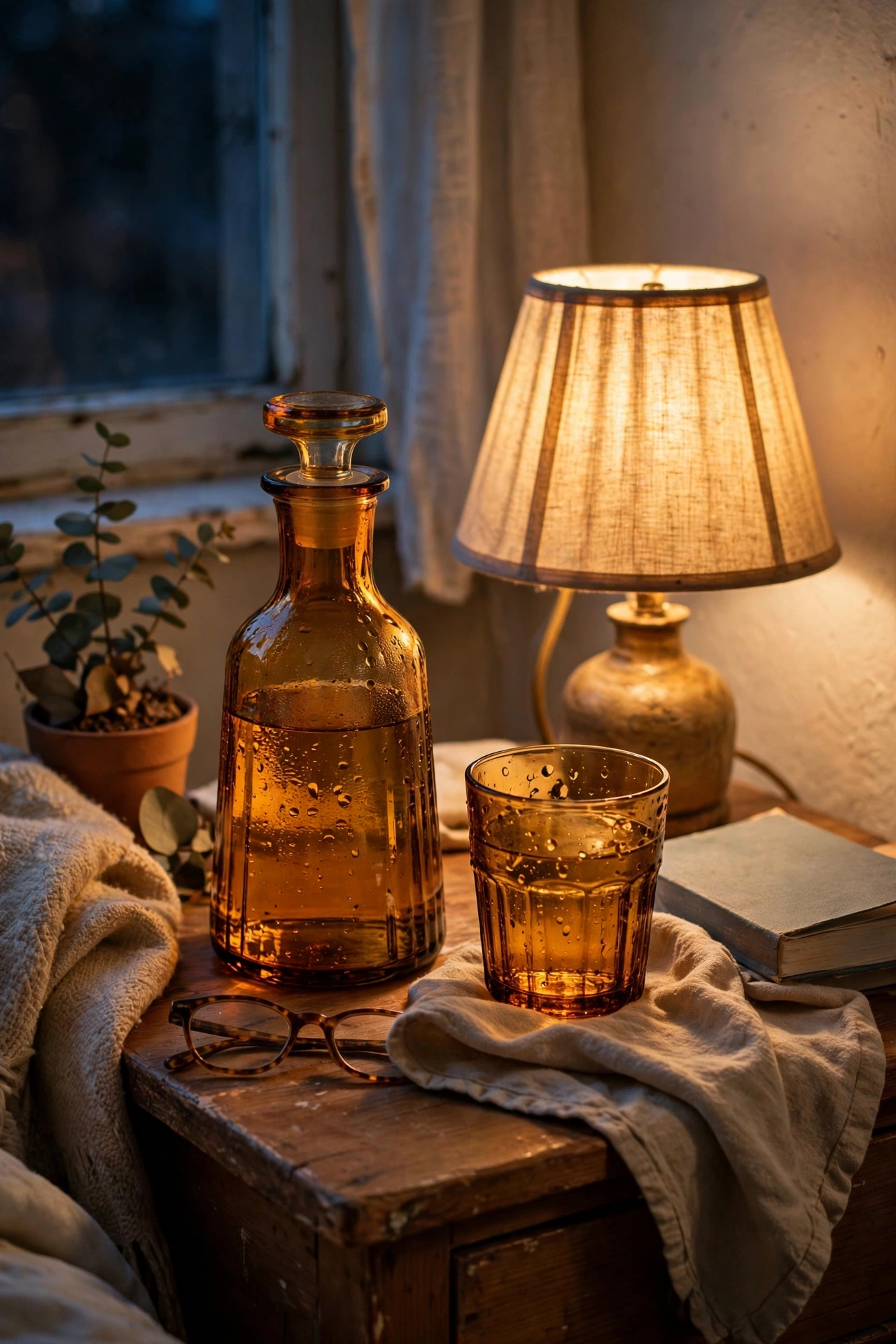 Amber terracotta-toned carafe set on nightstand in lamplight