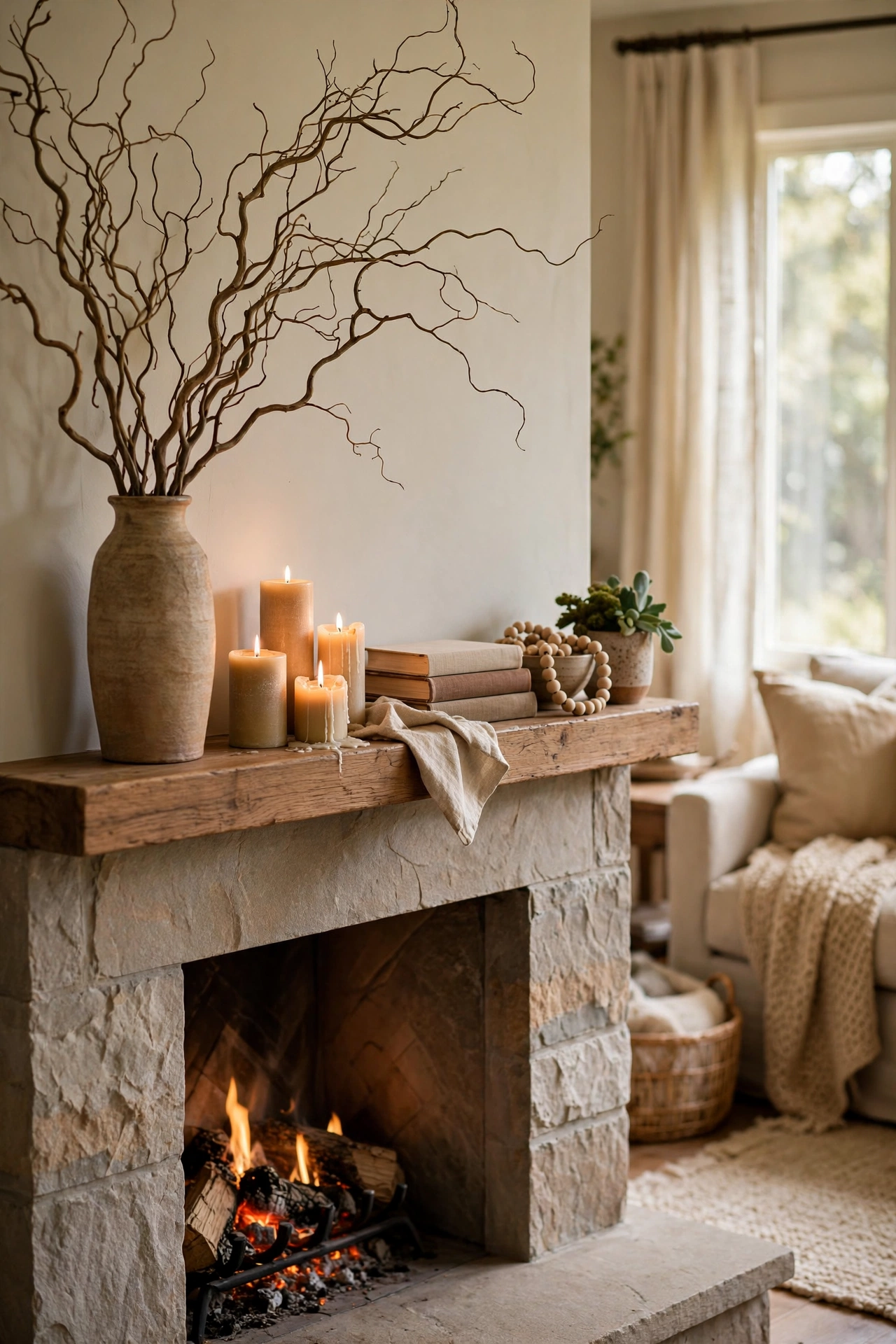 Fireplace mantel styled with a free foraged branch arrangement in a tall vase