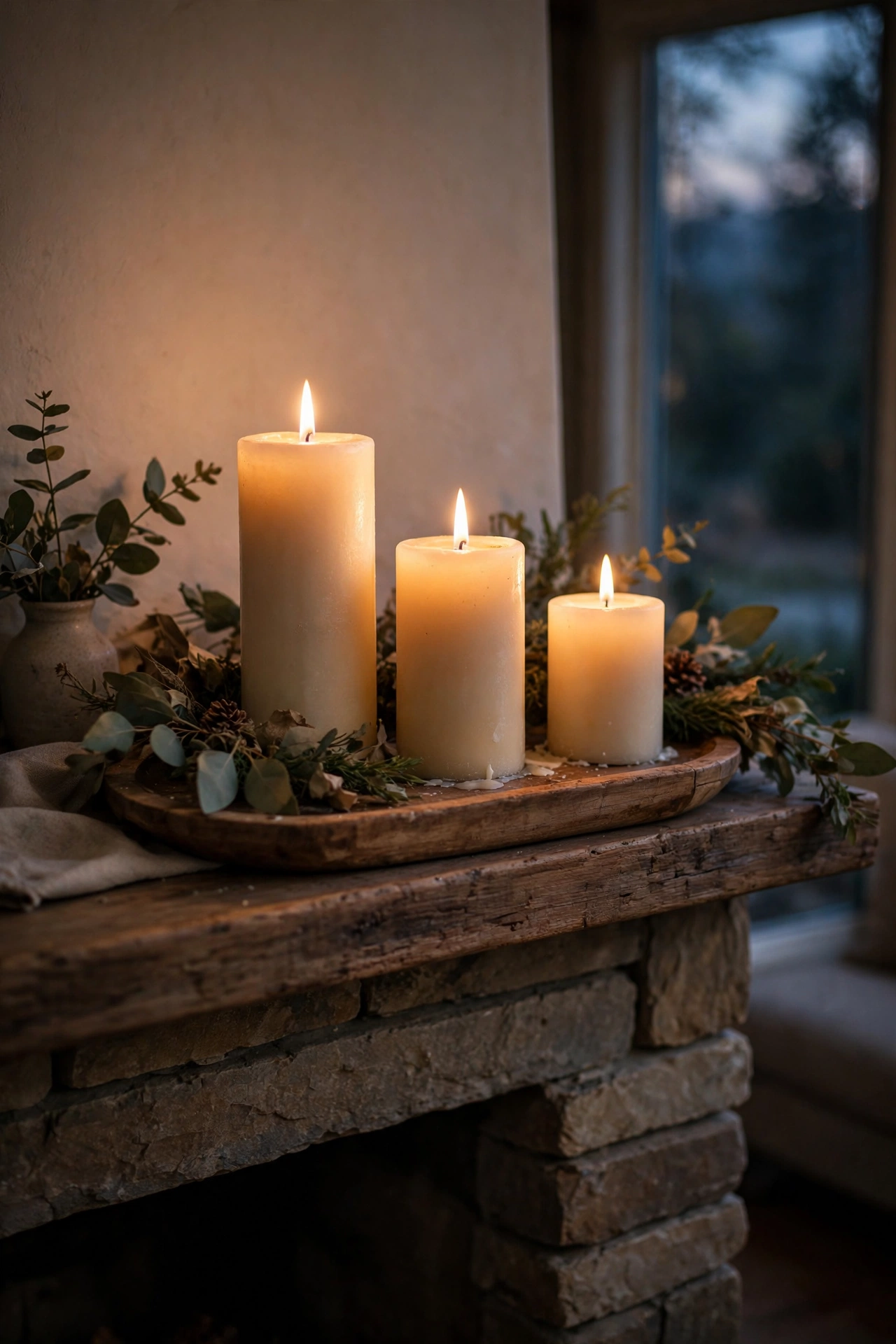 Fireplace mantel with a cluster of Dollar Tree pillar candles glowing