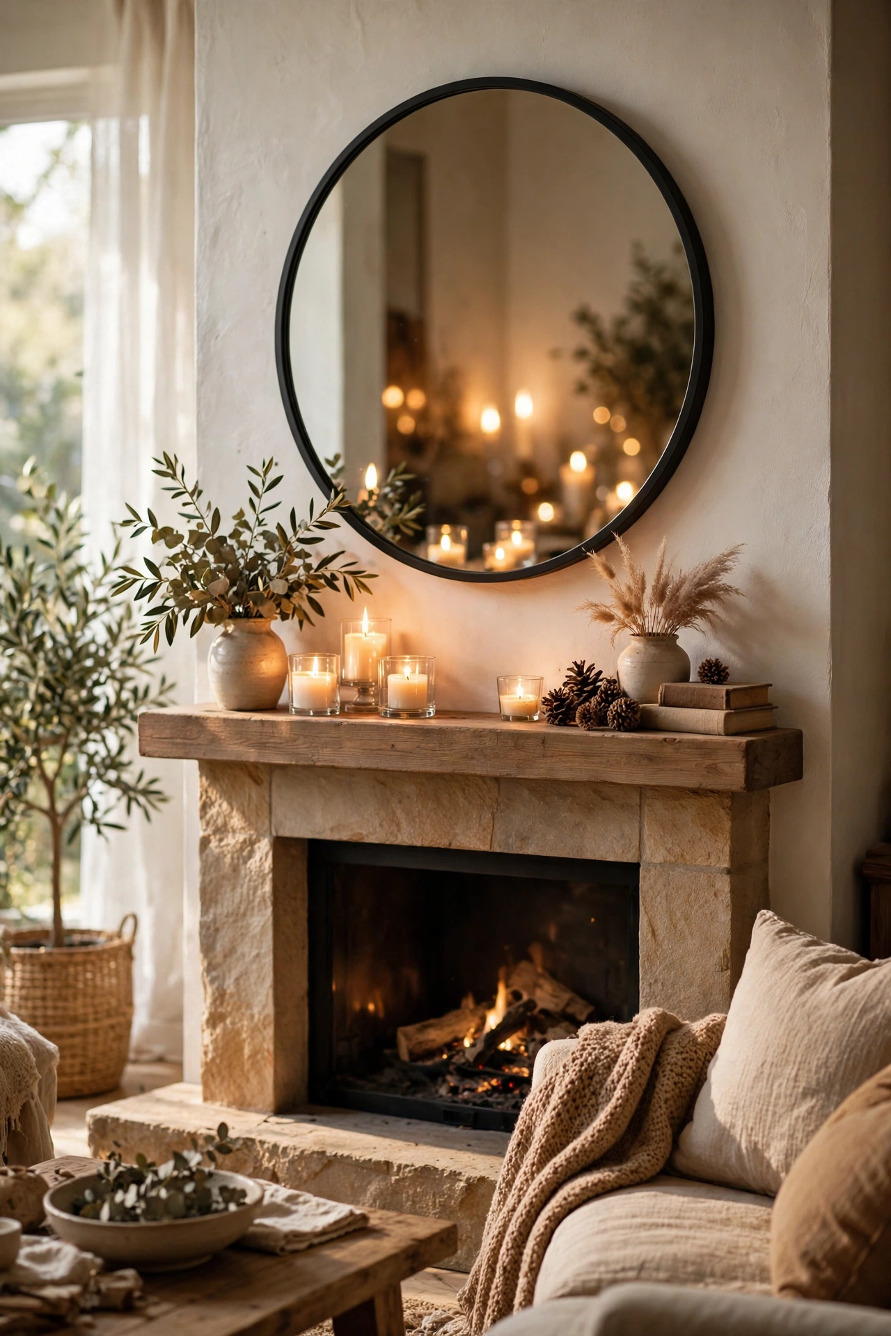 Round thrifted mirror with black frame hung above a fireplace mantel