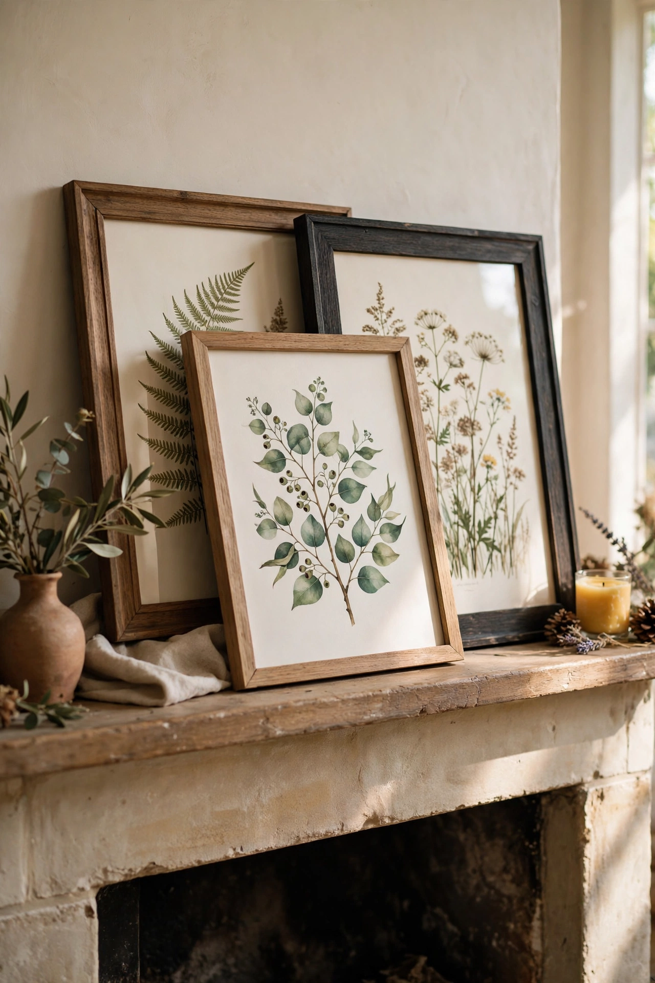 Framed free printable botanical art leaned on a fireplace mantel