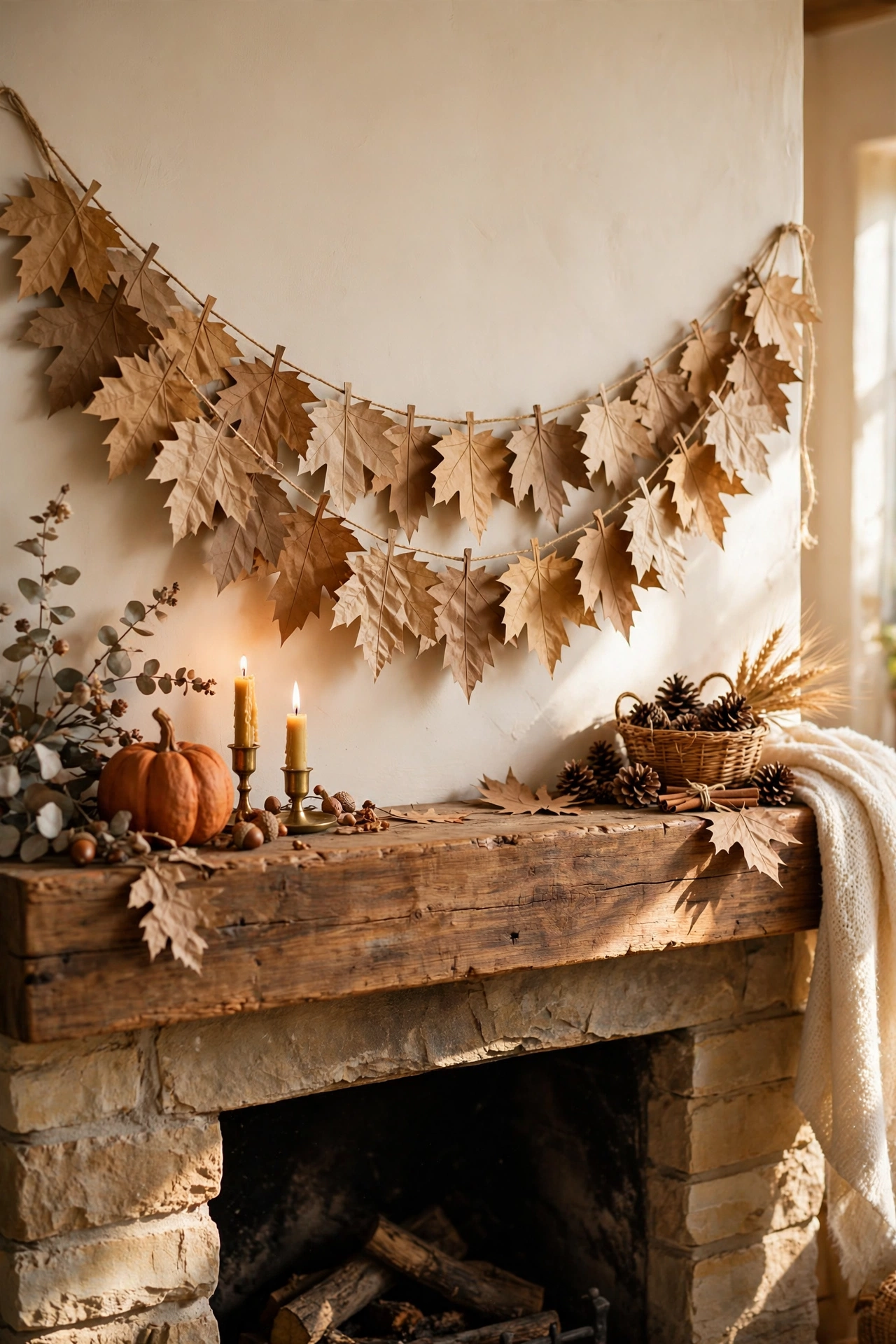 Handmade paper leaf garland draped across a fireplace mantel