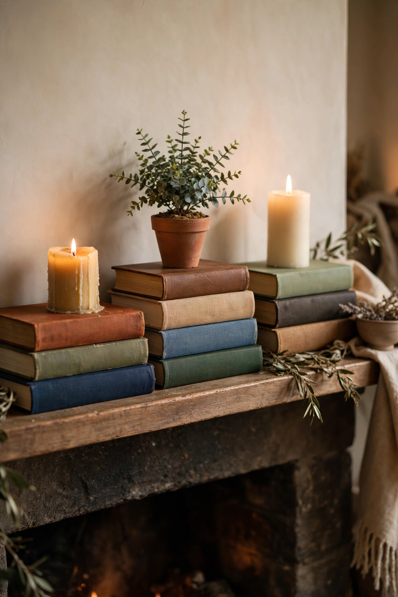 Coffee table books used as risers for candles on a fireplace mantel
