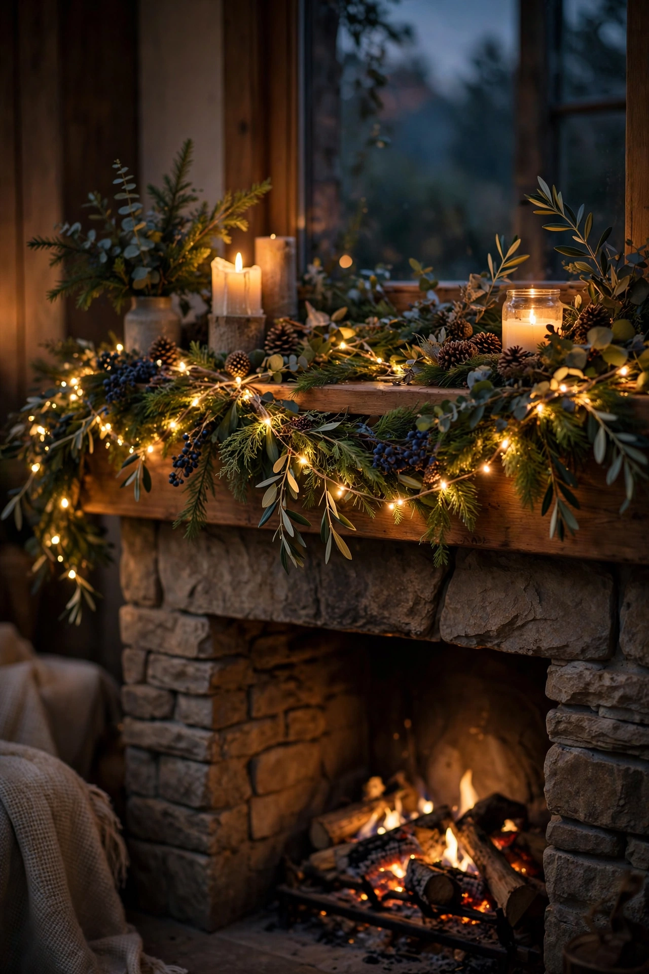 Warm fairy lights woven through a mantel garland glowing at dusk
