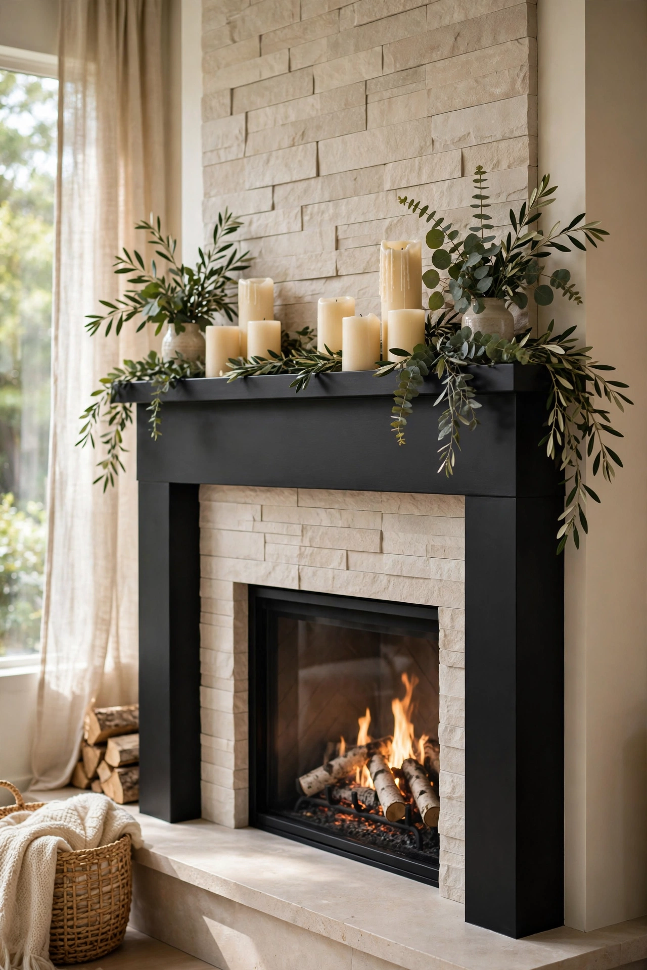 Fireplace mantel refreshed with matte black paint from a sample pot
