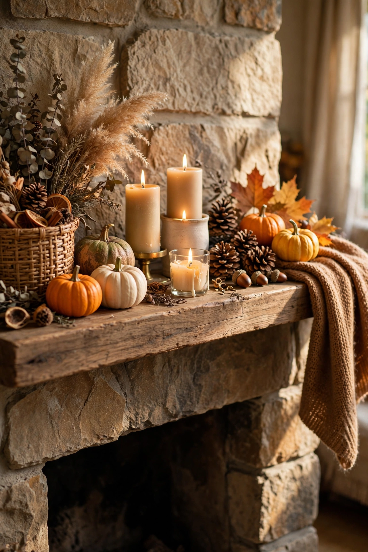 Fireplace mantel styled seasonally with pumpkins and pinecones