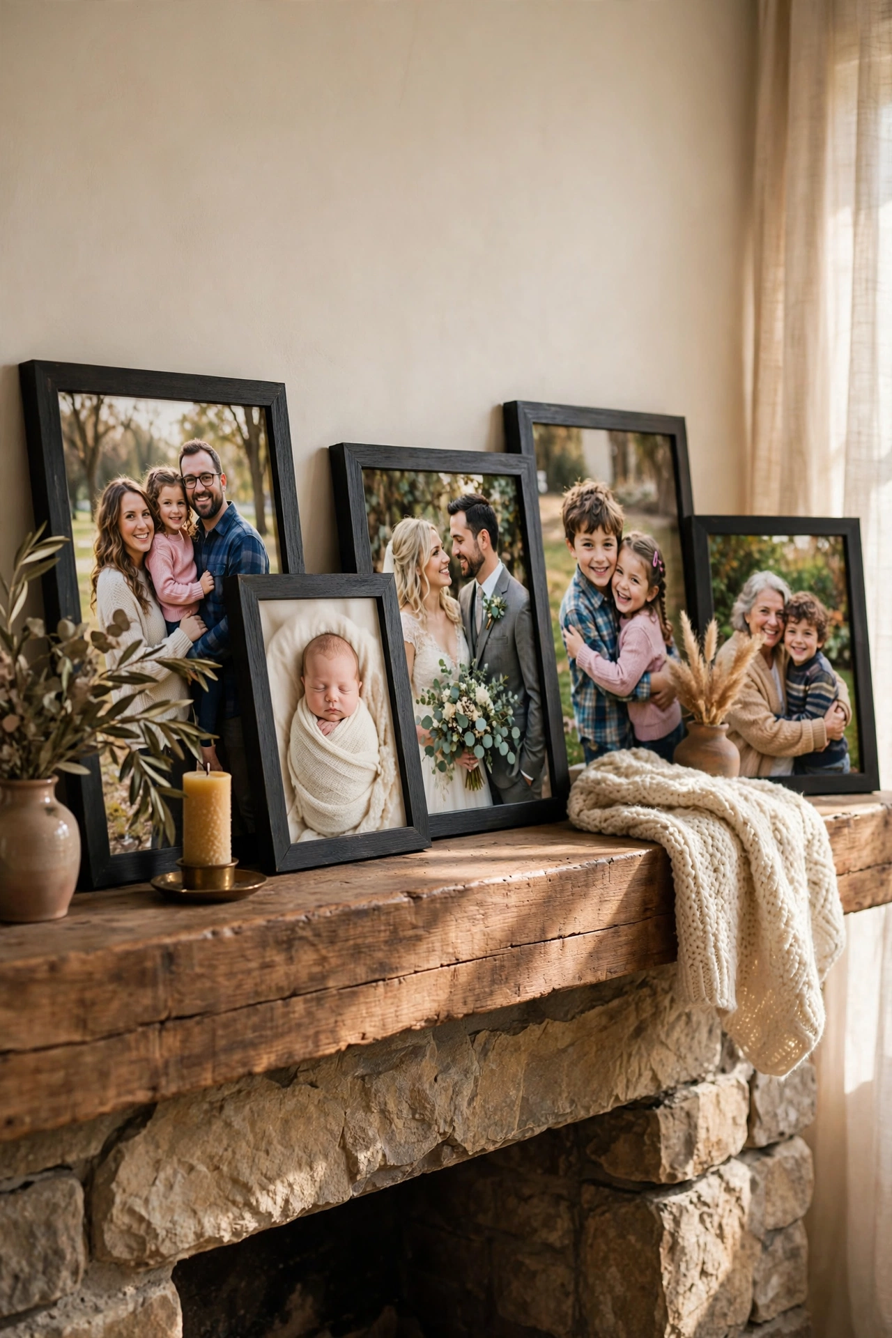 Family photos in matching black frames lined along a fireplace mantel