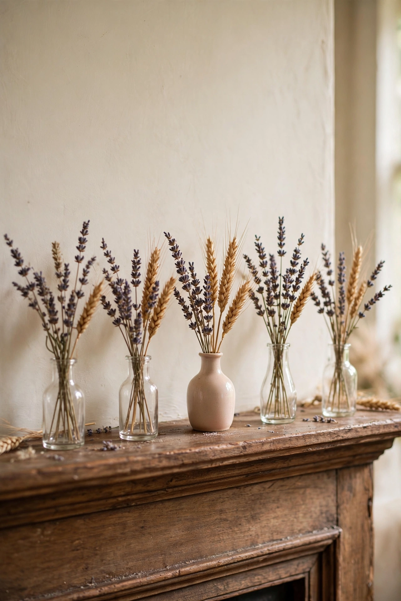 Tiny bud vases with dried flowers lined down a fireplace mantel
