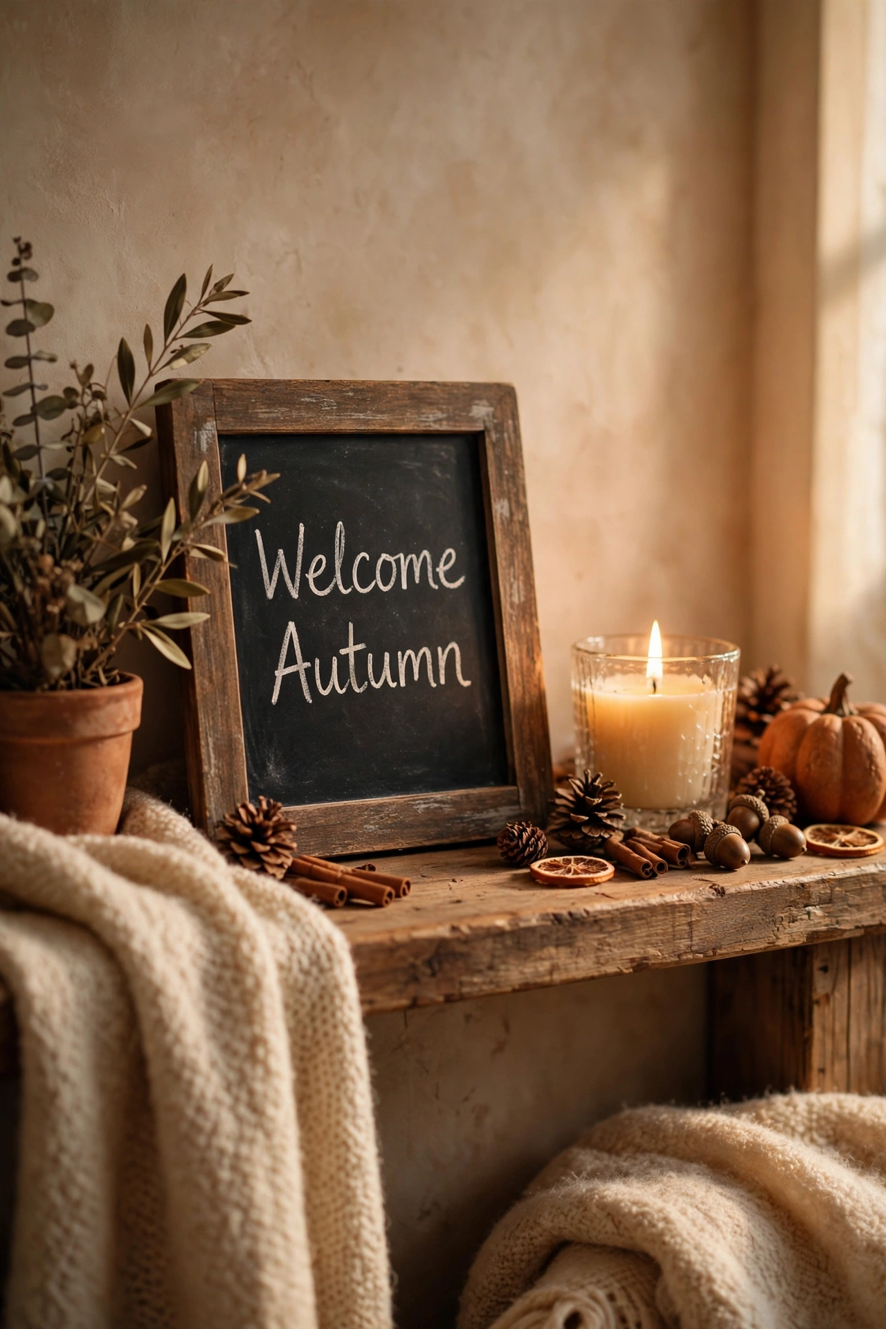 Small chalkboard sign with seasonal message on a fireplace mantel