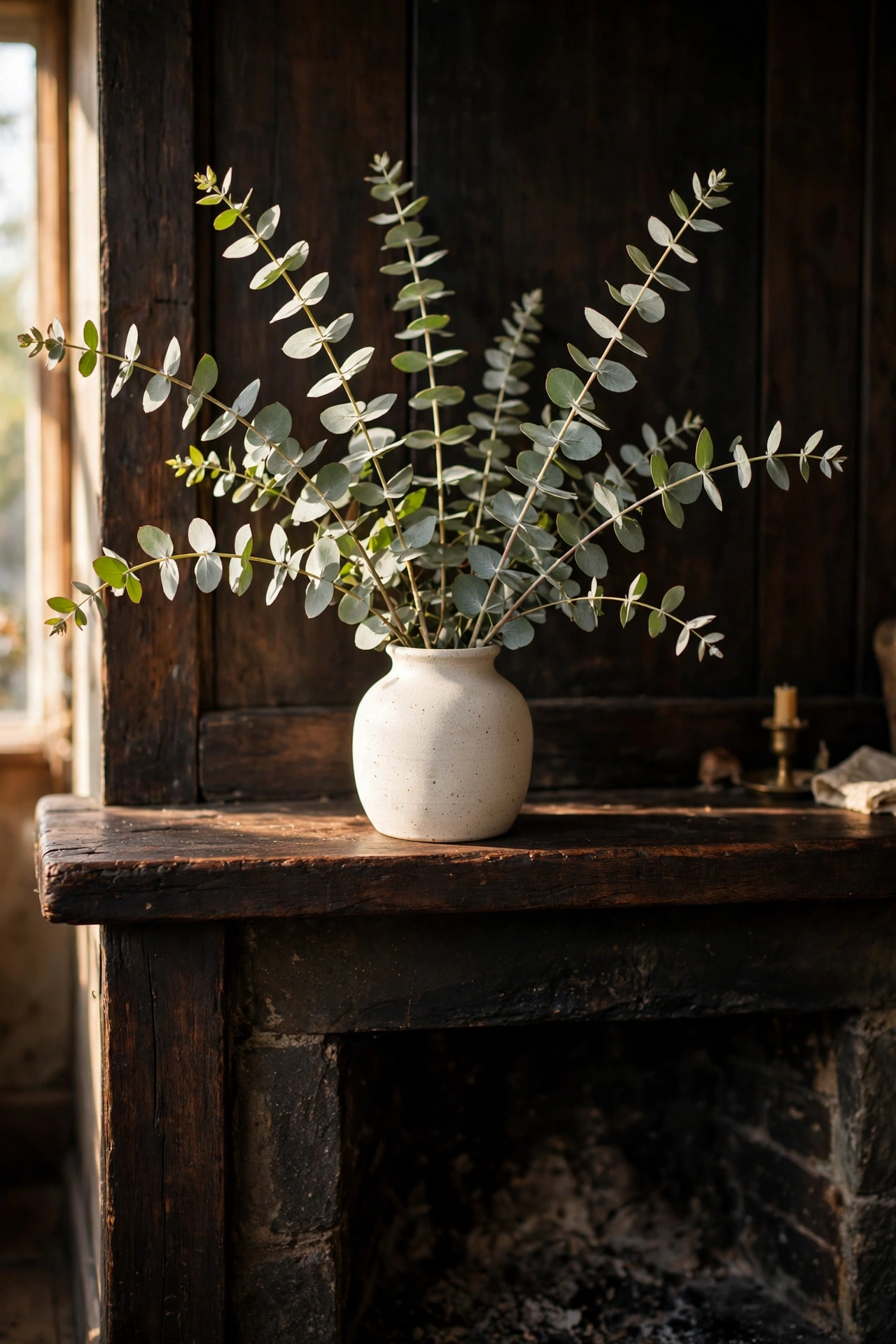 Eucalyptus stems in a ceramic vase on a fireplace mantel