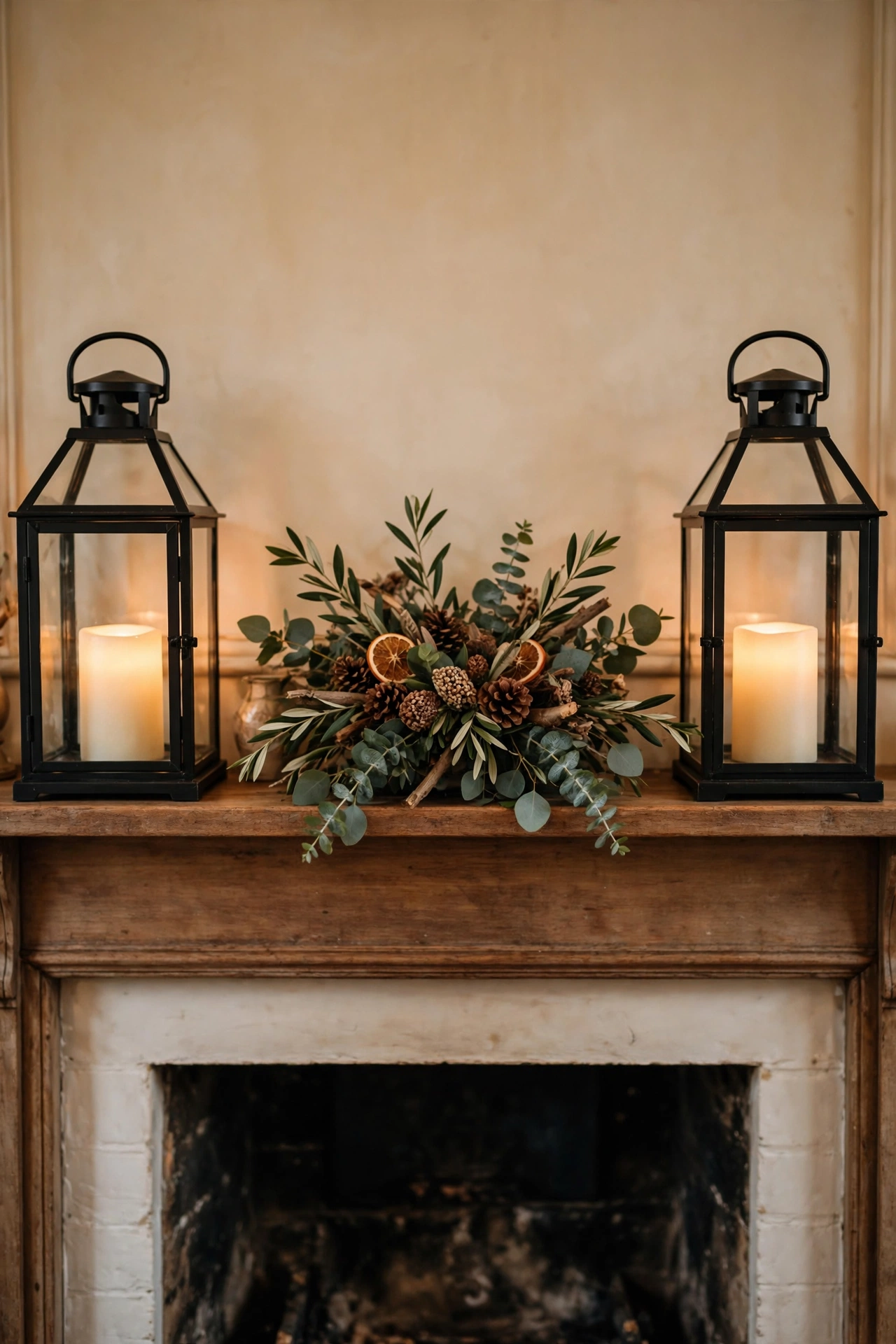Pair of thrifted black lanterns flanking a mantel centerpiece